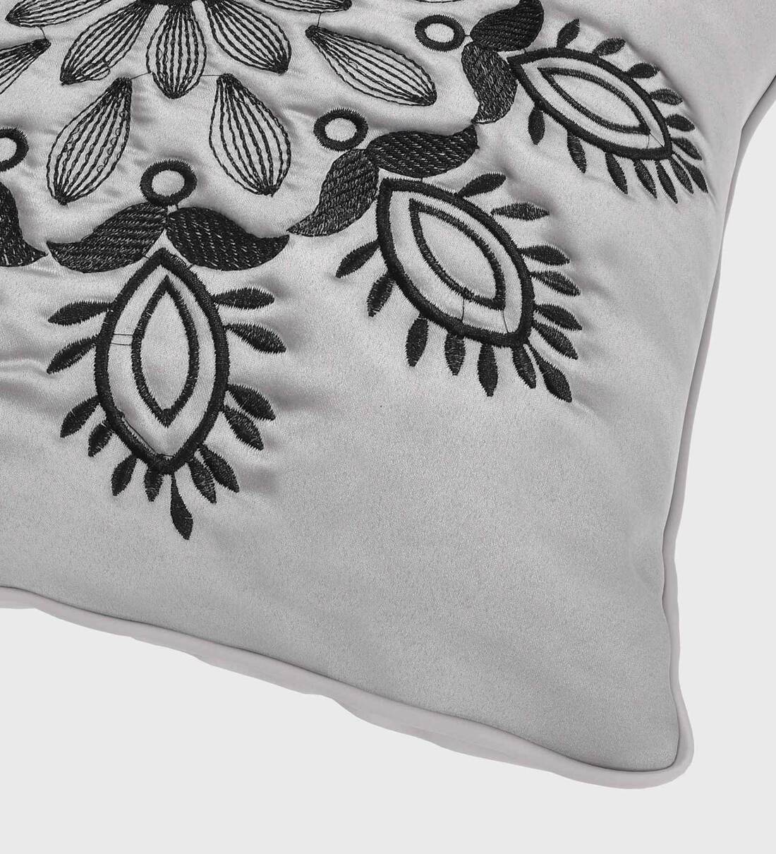 Buy Grey Traditional Cotton Embroidered Cushion Cover by JAIPUR FABRIC