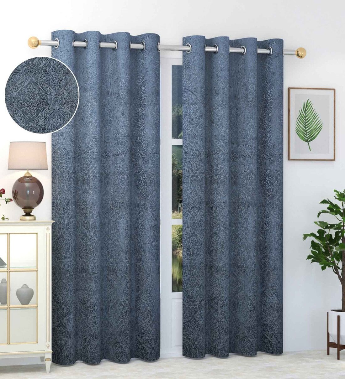 Grey Floral Velvet 9 Ft Blackout Eyelet Door Curtains (Set of 2)