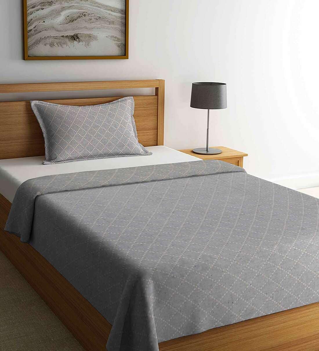Buy Grey Woven Design Cotton Single Bed cover With Pillow Cover by