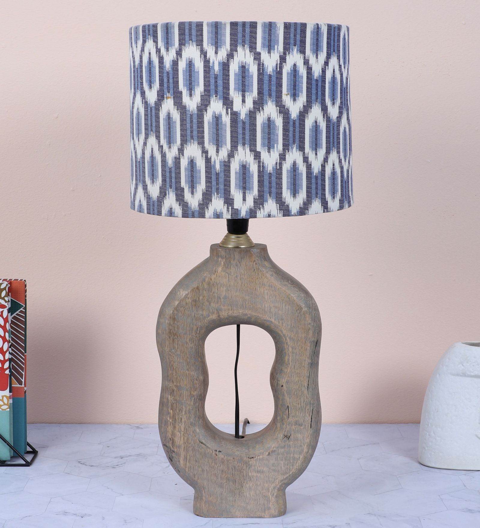 Grace Mangowood Table Lamp With Ikkat Print Satin Shade