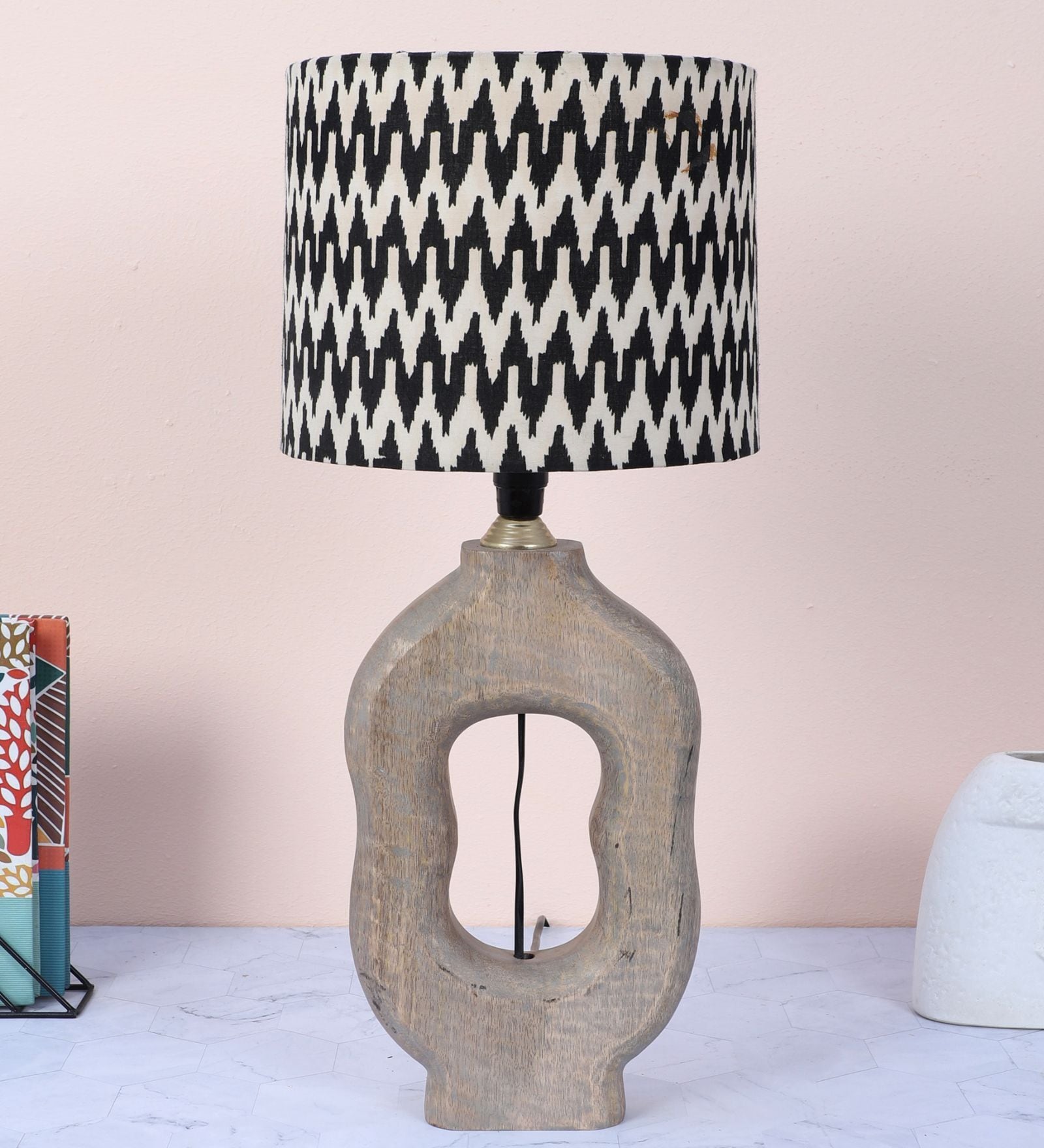 Grace Mangowood Table Lamp With Chevron Print Satin Shade