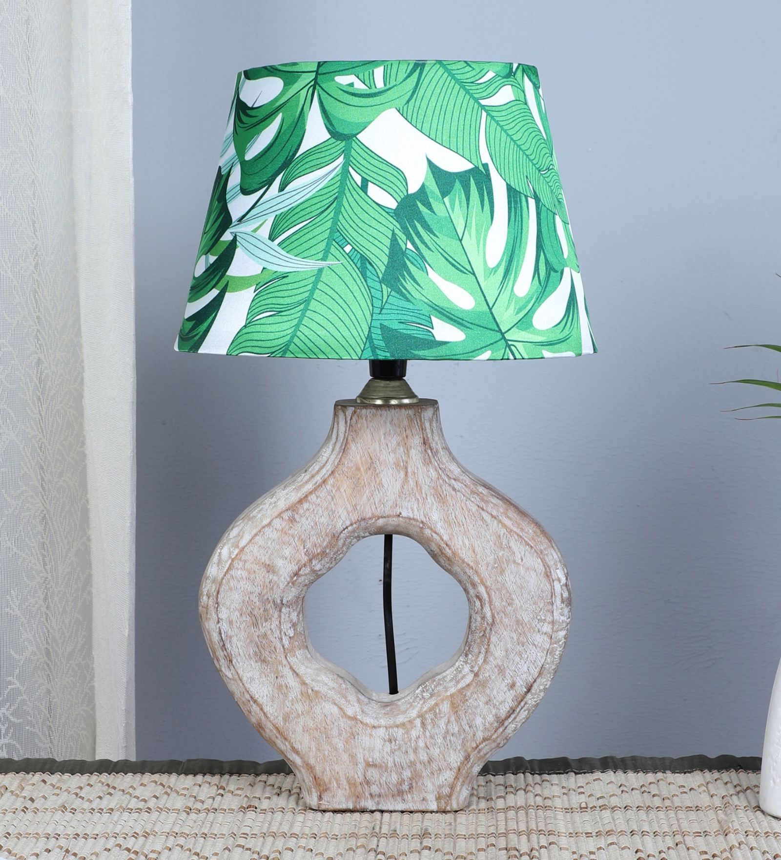 Graceful Bloom Mangowood Table Lamp With Palm Print Satin Shade