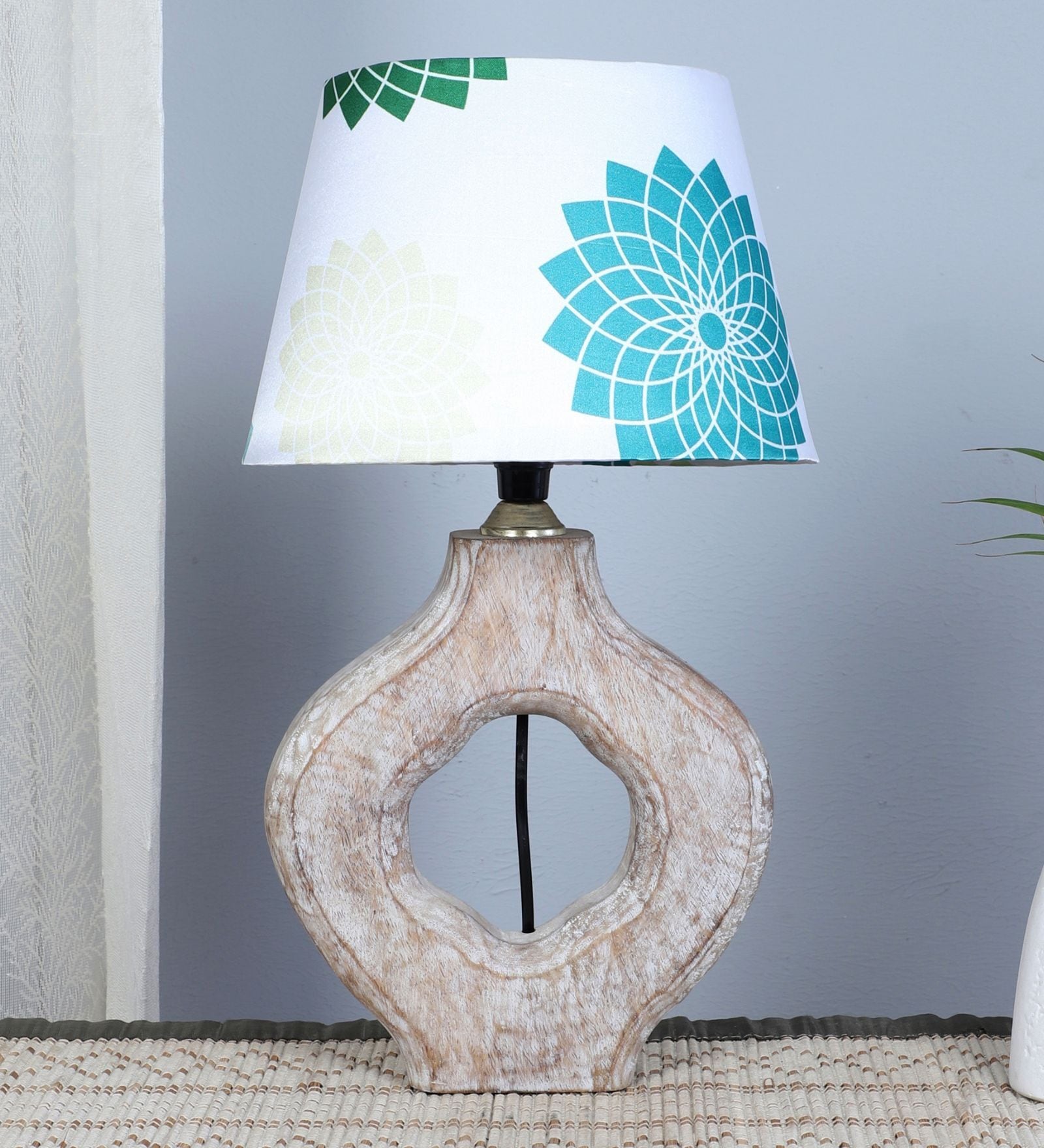 Graceful Bloom Mangowood Table Lamp With Dahlia Floral Print Satin Shade