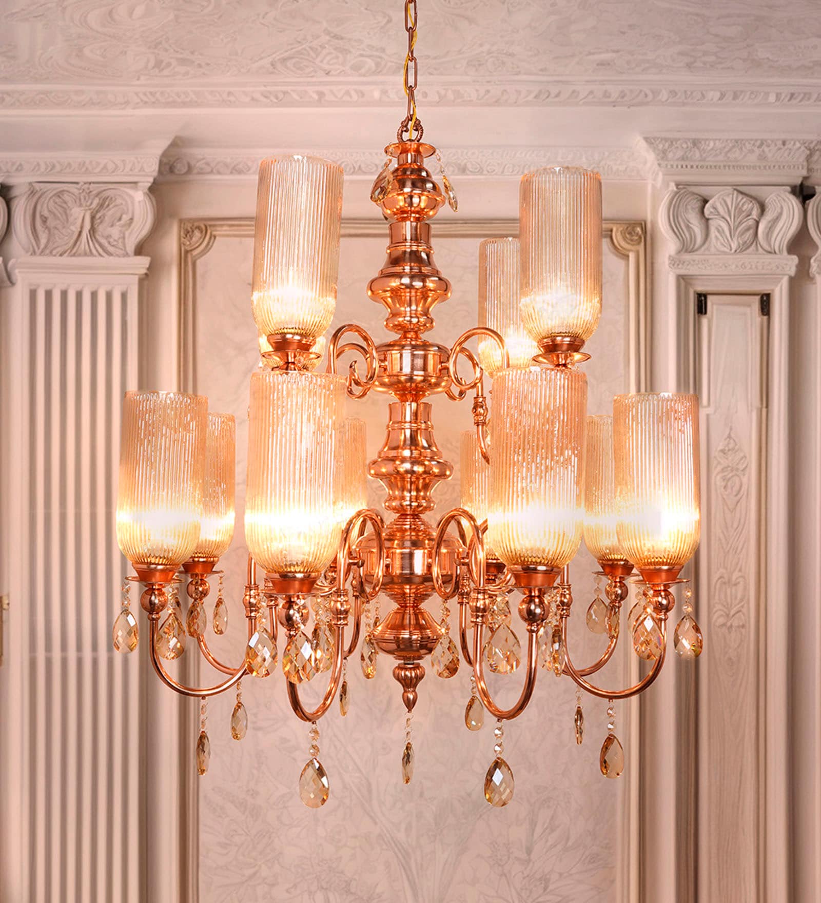 Grand Transitional Polished Copper Chandelier with Fluted Luster Glass and Honey Crystals