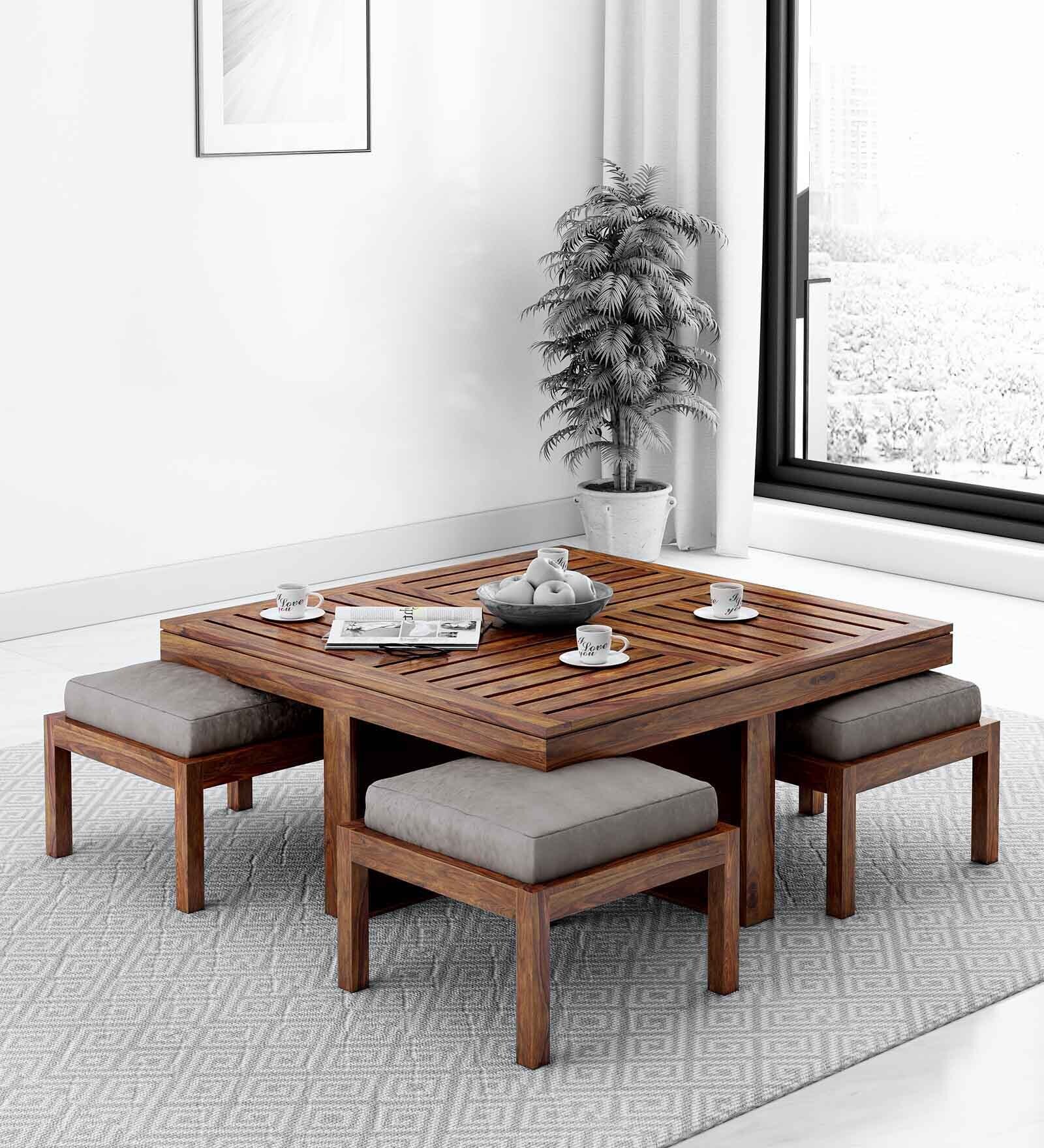 Buy Grande 4 Seater Coffee Table Set in Teak Finish by Woodhub Online