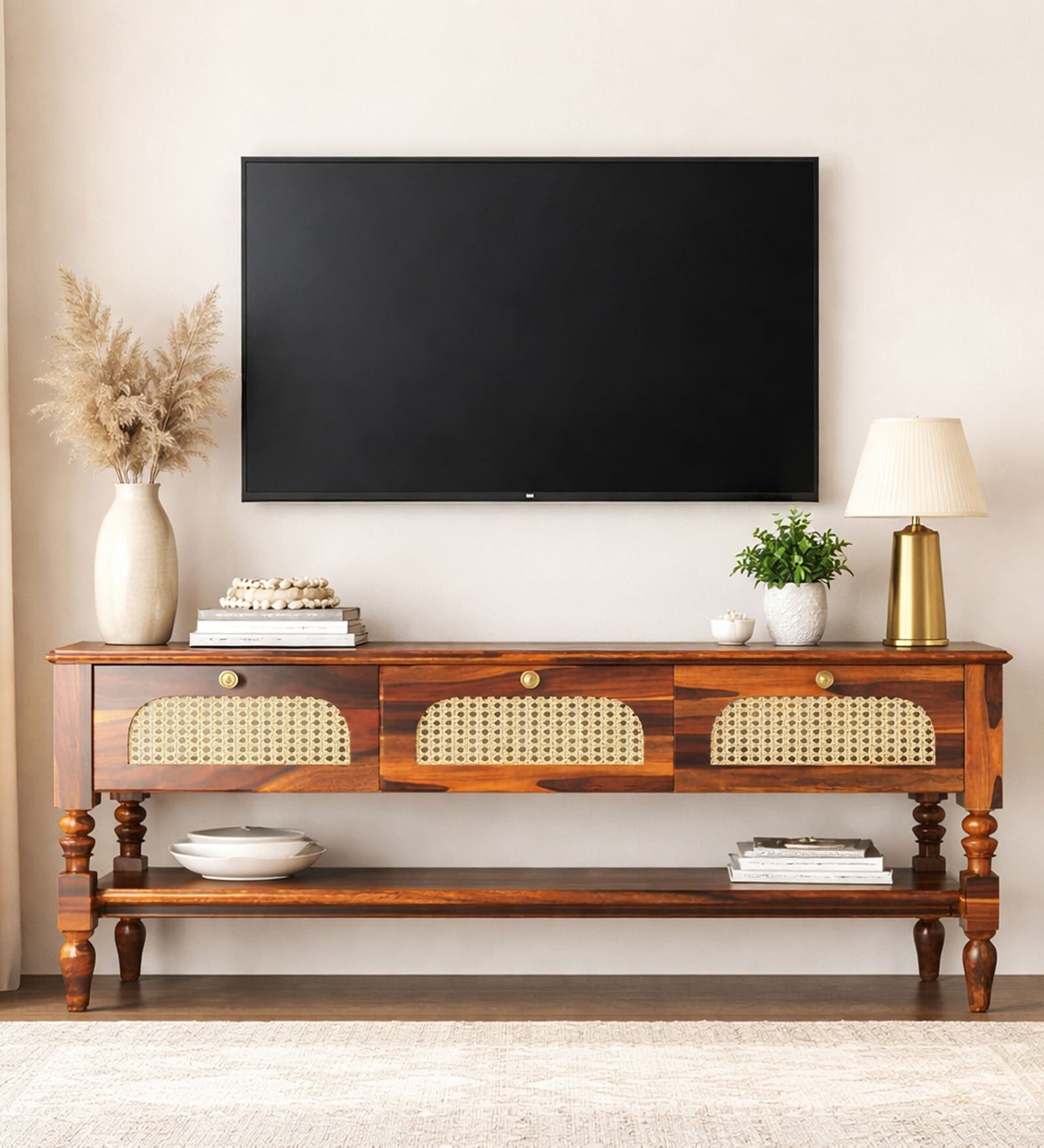 Grande Sheesham Wood With Cane Drawer TV Console In Honey Oak Finish
