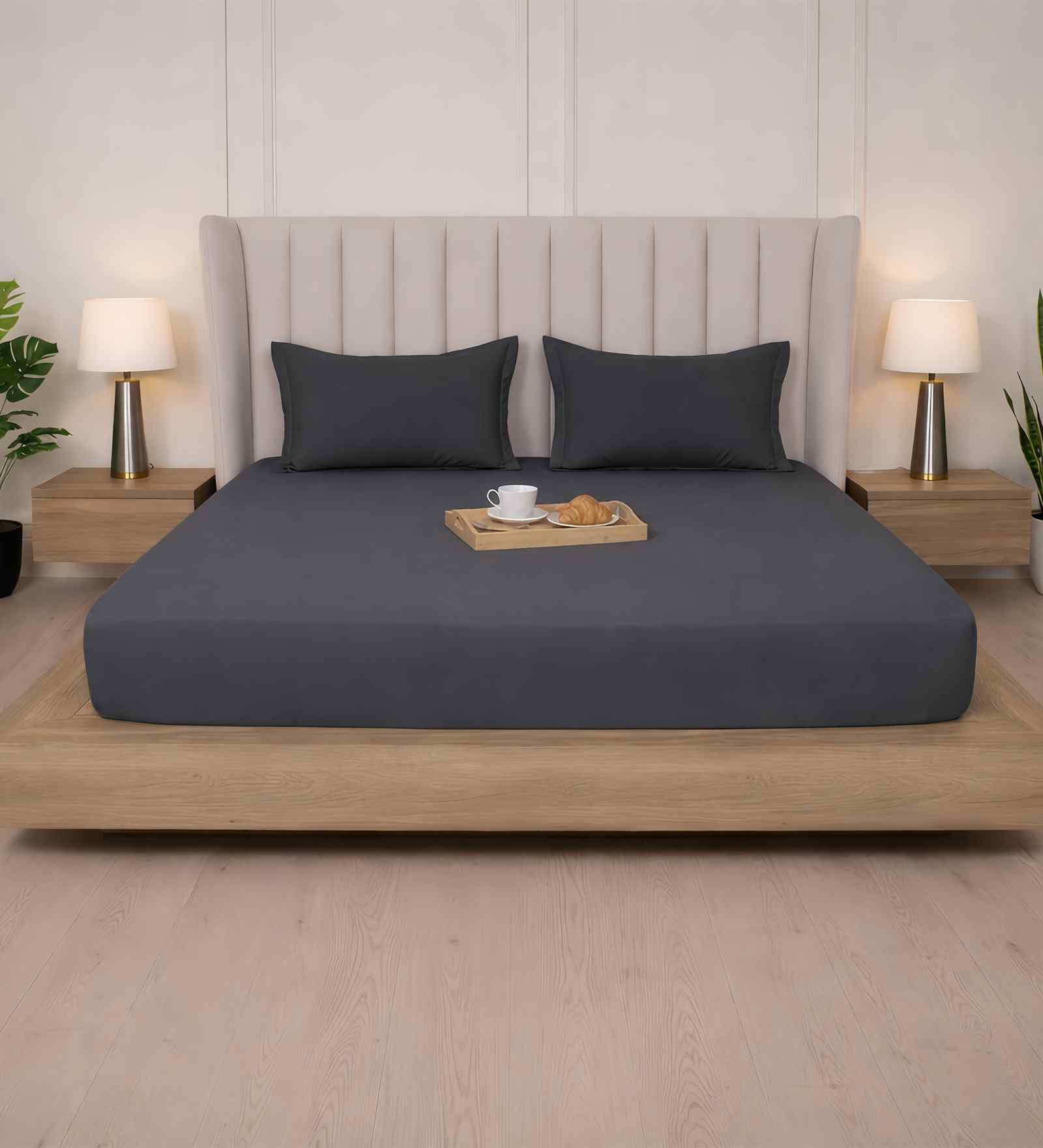Granite Gray Solid 300 TC Pure Cotton King Fitted Bedsheet with 2 Pillow Covers
