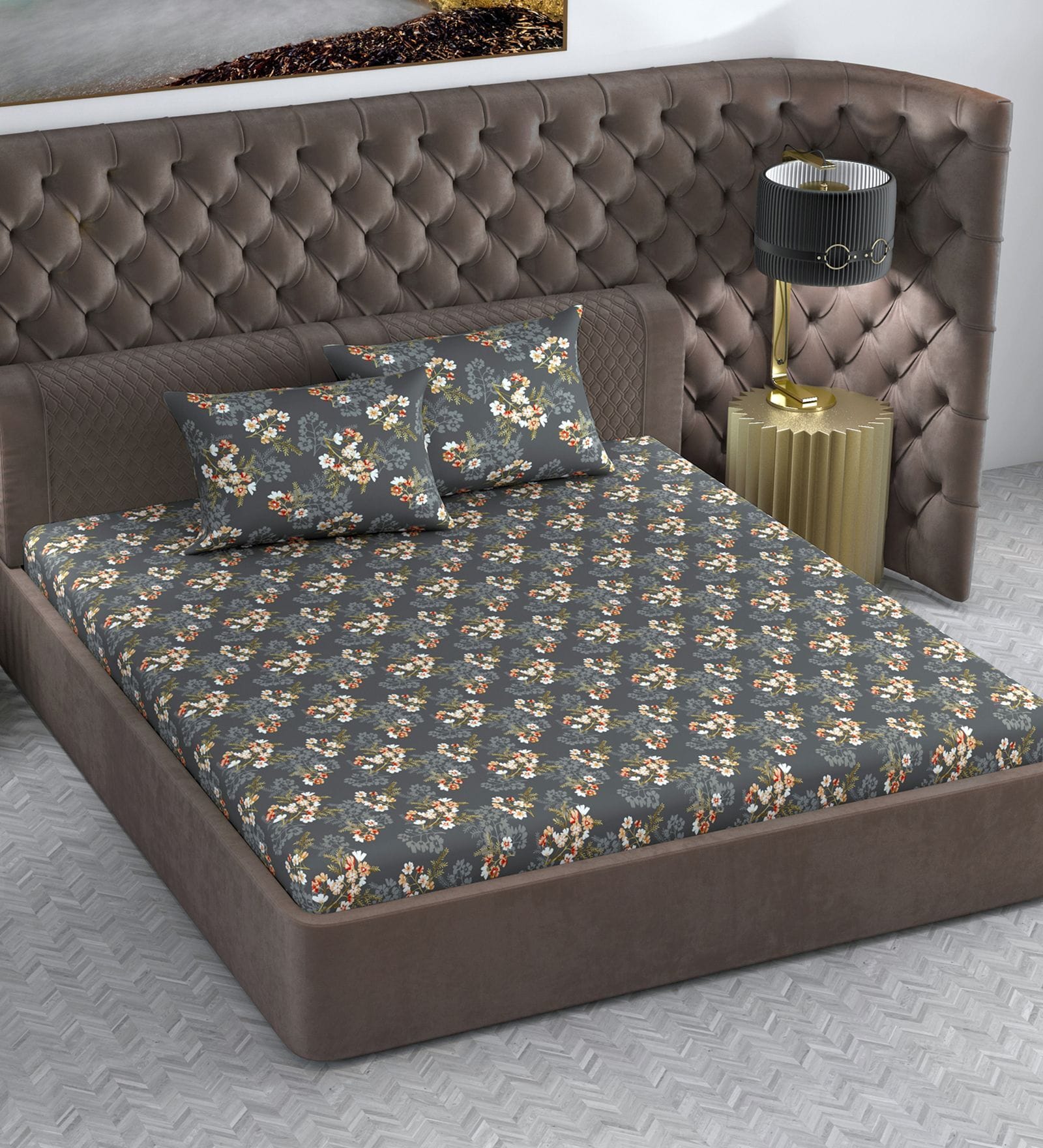Graphite Shade Floral 144 Tc Cotton Double Bedsheet With 2 Pillowcovers