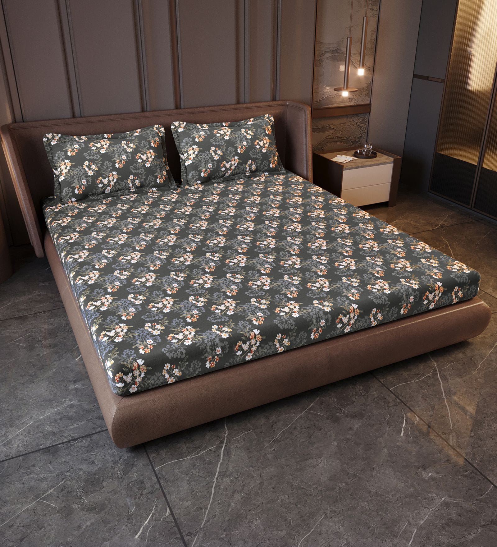 Graphite Shade Floral 144 Tc Cotton King Bedsheet With 2 Pillowcovers