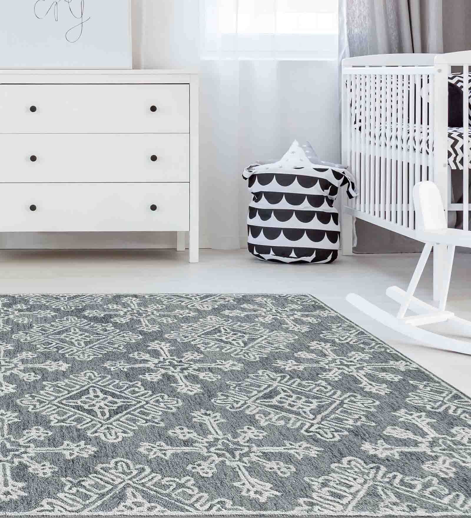 Grey Persian Wool And Viscose 8 ft x 10 ft Hand Tufted Carpet