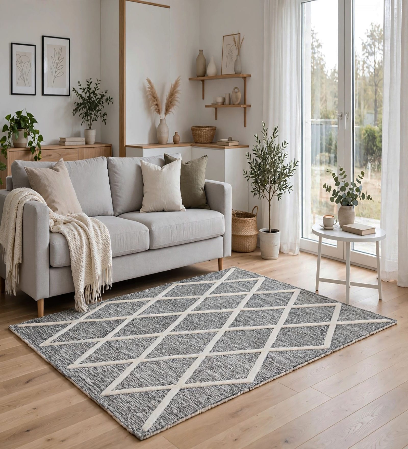 Grey Geometric Wool And Cotton 5 X 8 Ft Hand Tufted Carpet
