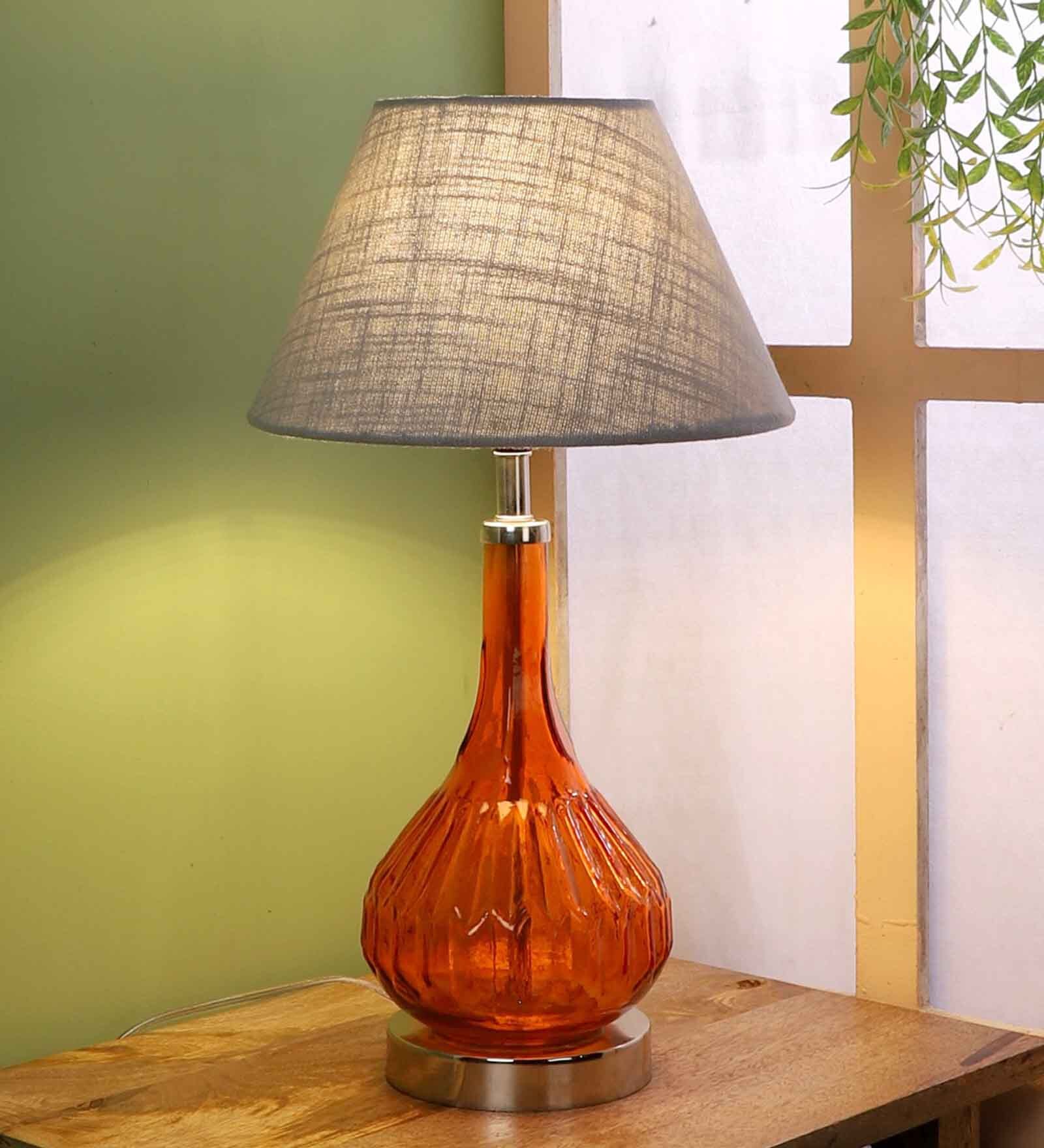 Gray Fabric Shade Table Lamp With Orange Base