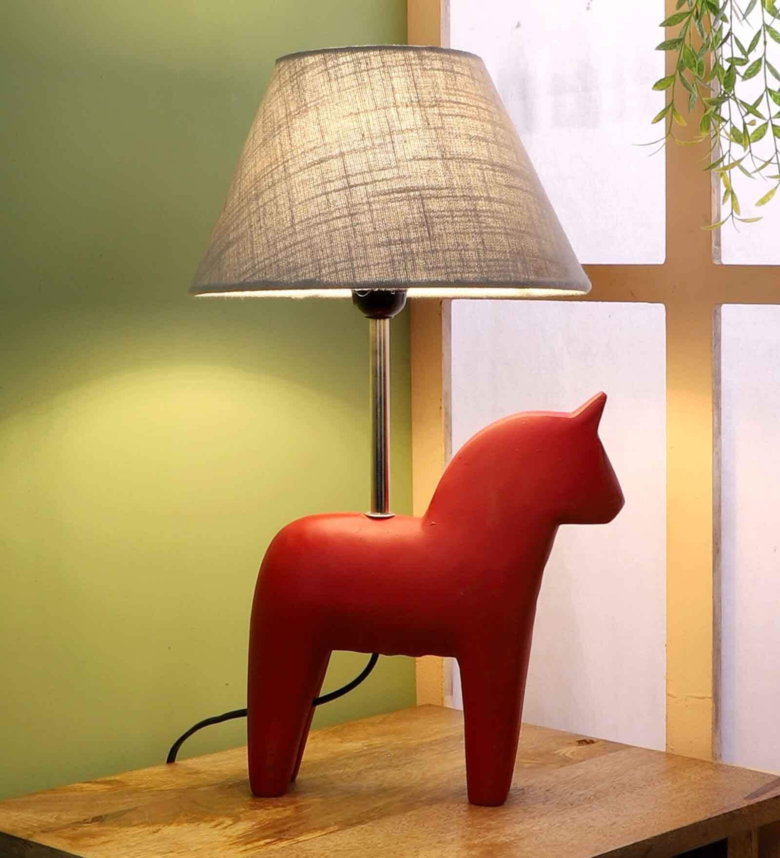 Grey Fabric Shade Table Lamp With Red Base