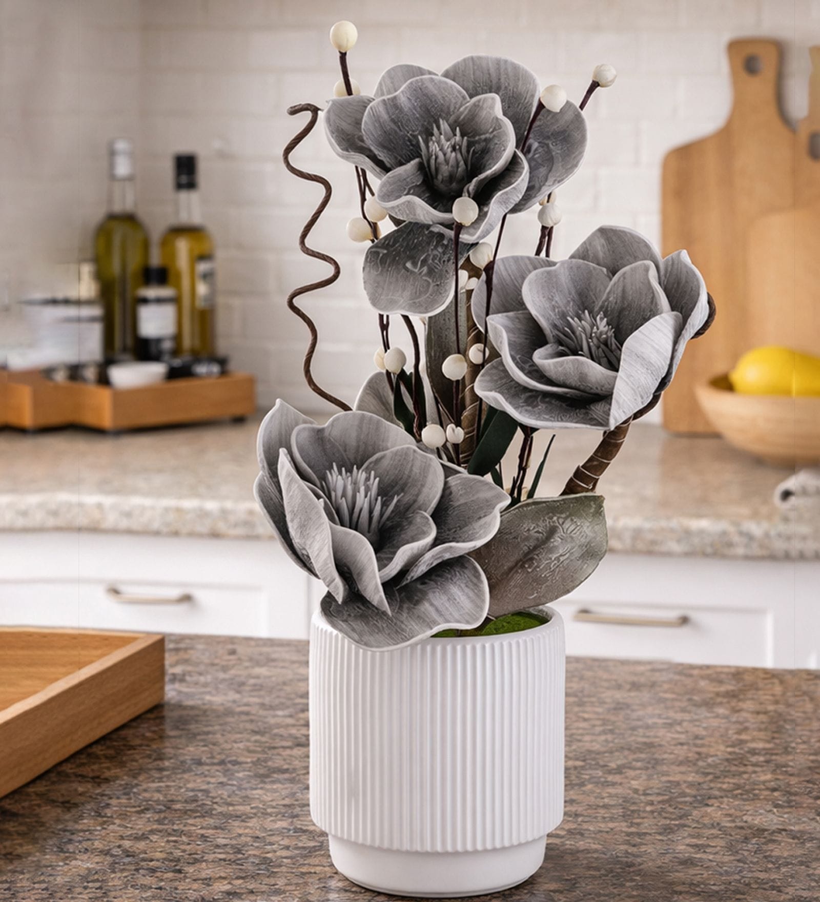 Gray Faux Leather Rustic Blossom Harmony Pot With Flower