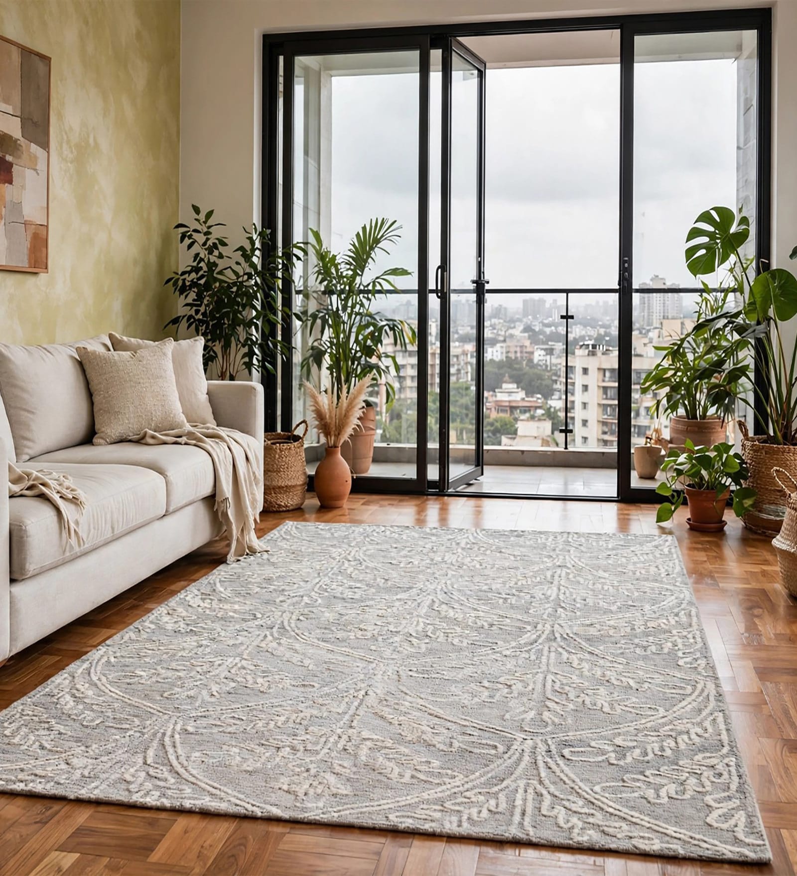 Grey Floral Wool And Cotton 5 X 8 Ft Hand Tufted Carpet