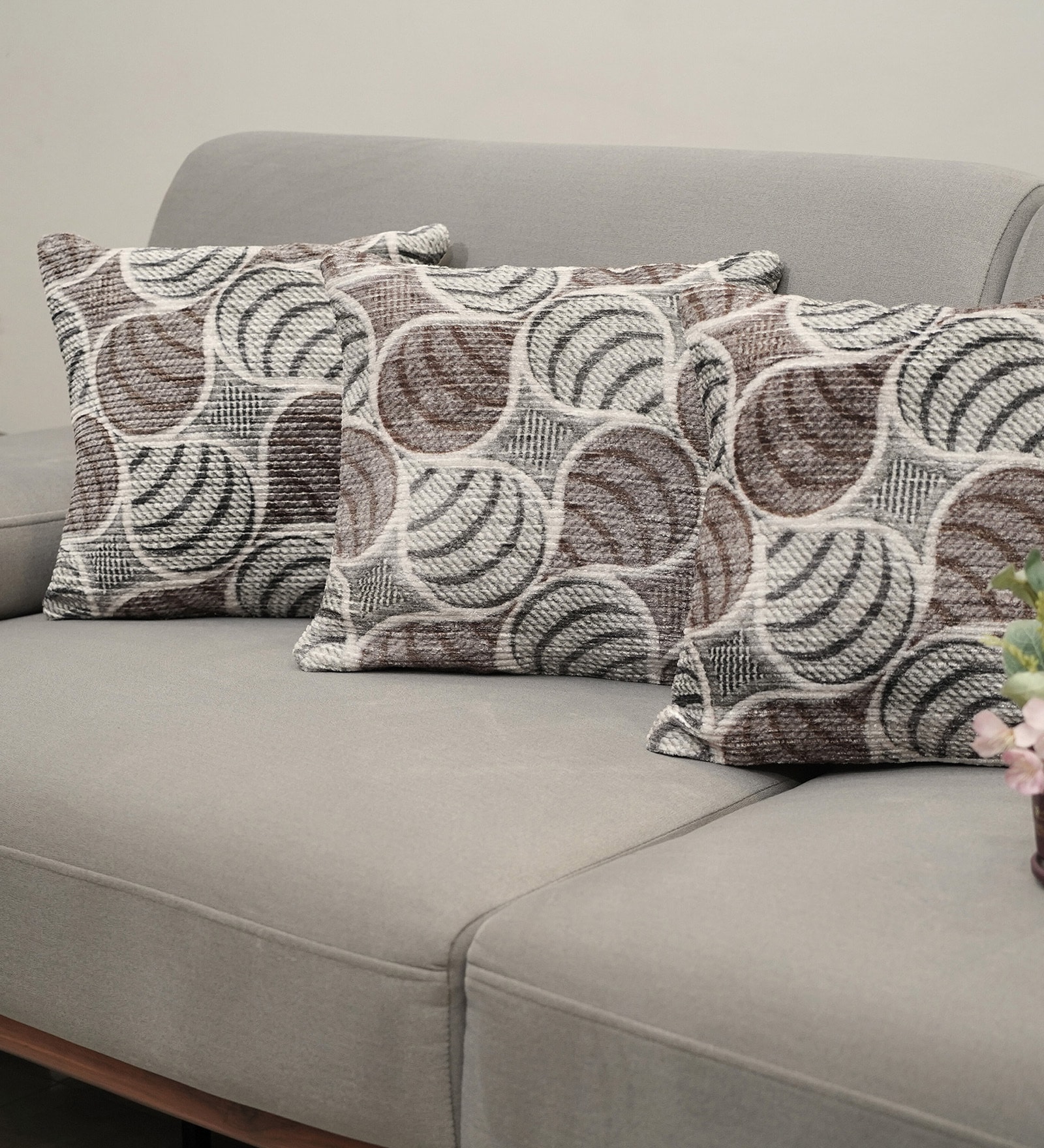 Grey Polyester Floral 18x18 inches Cushion Covers Set of 3