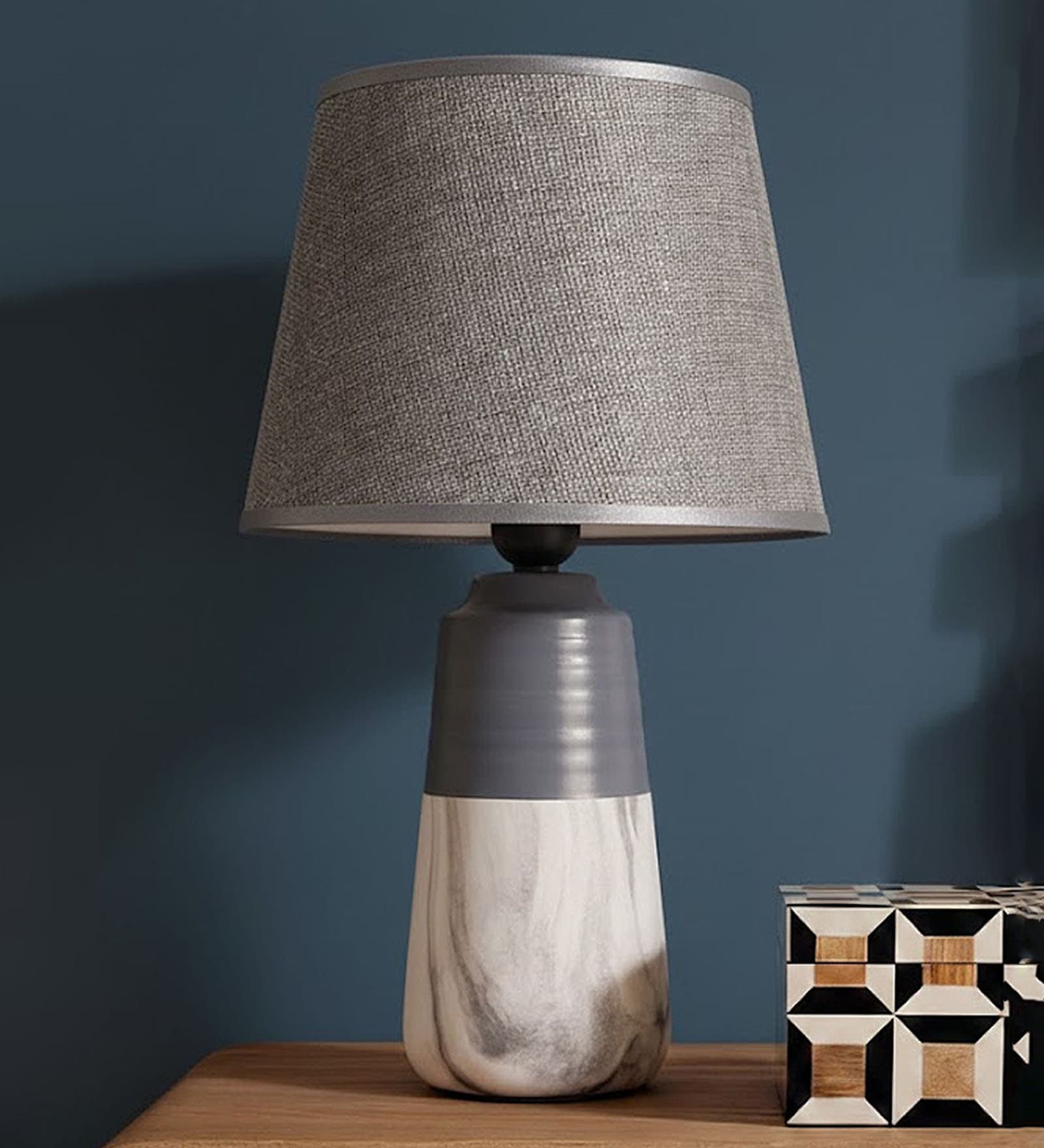 Gray Table Lamp With Stylish Design Fabric Lampshade Ceramic Base