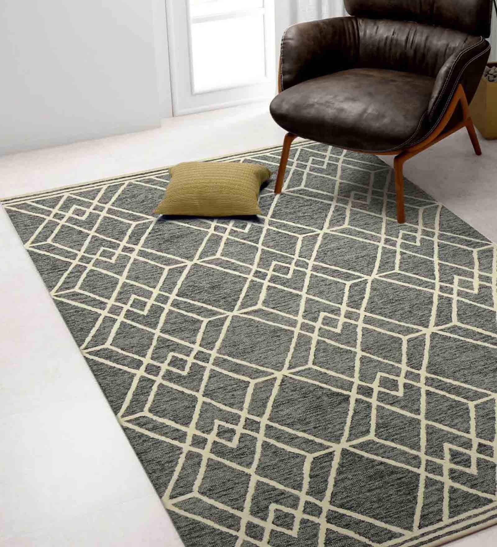 Grey Geometric Wool 8 ft x 10 ft Hand Tufted Carpet