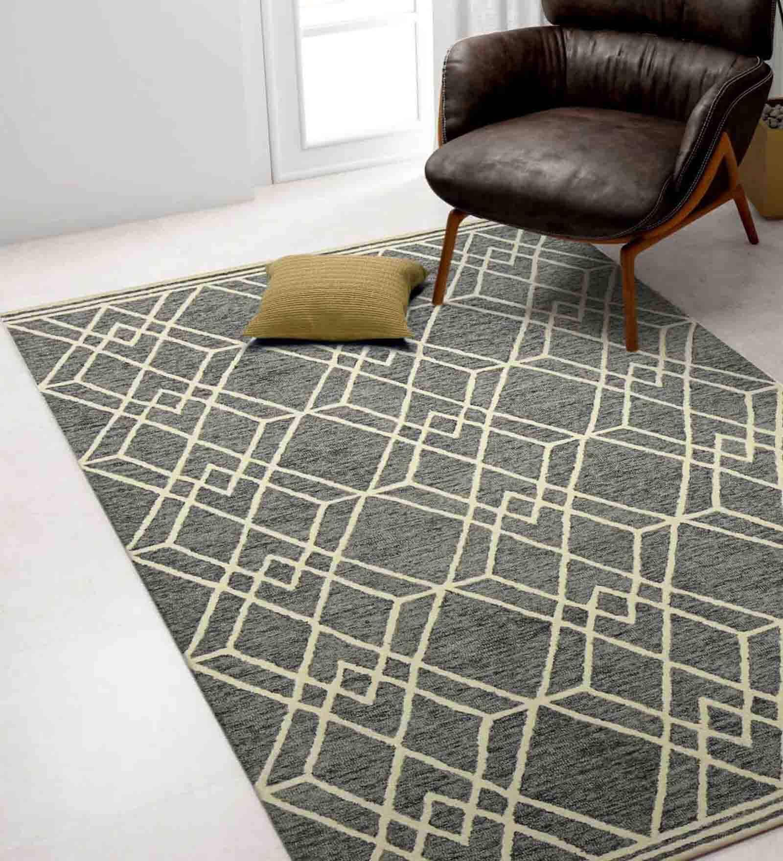Grey Geometric Wool 5 ft x 8 ft Hand Tufted Carpet