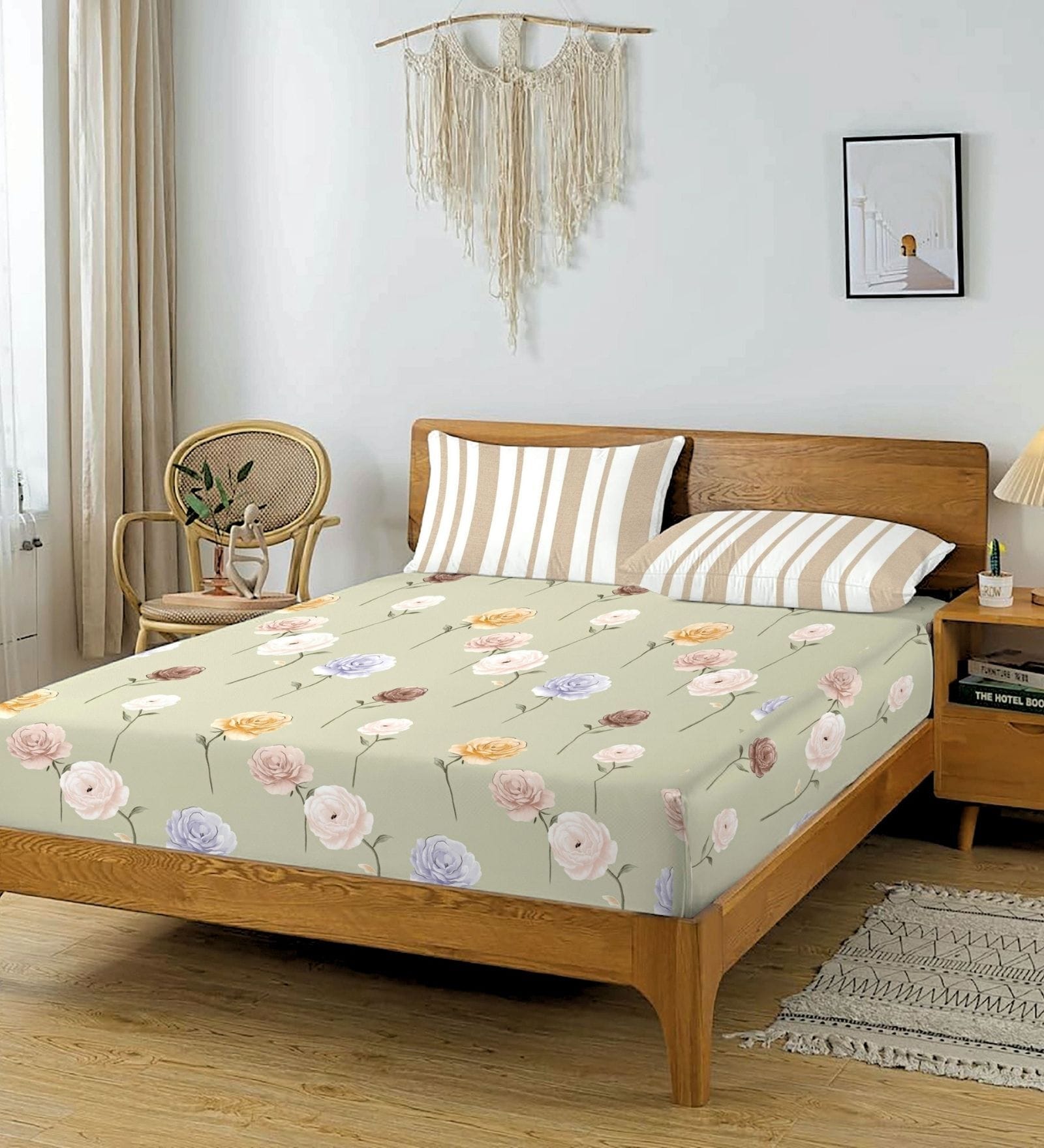 Green & Beige Glace Cotton Floral Print Elastic Fitted King Bedsheet With 2 Pillow Covers