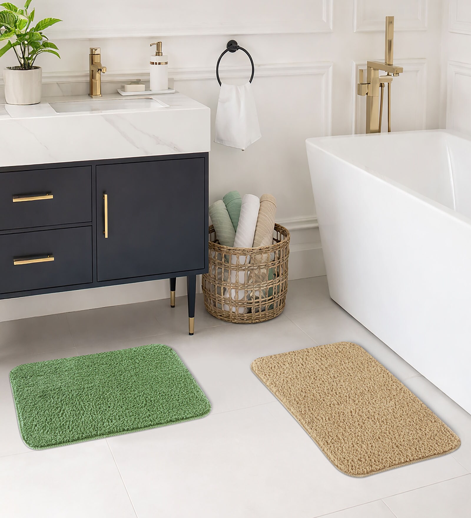 Green & Dark Beige Absorbent and Quick-Dry Polyester Bath Mats 38x58 cm
