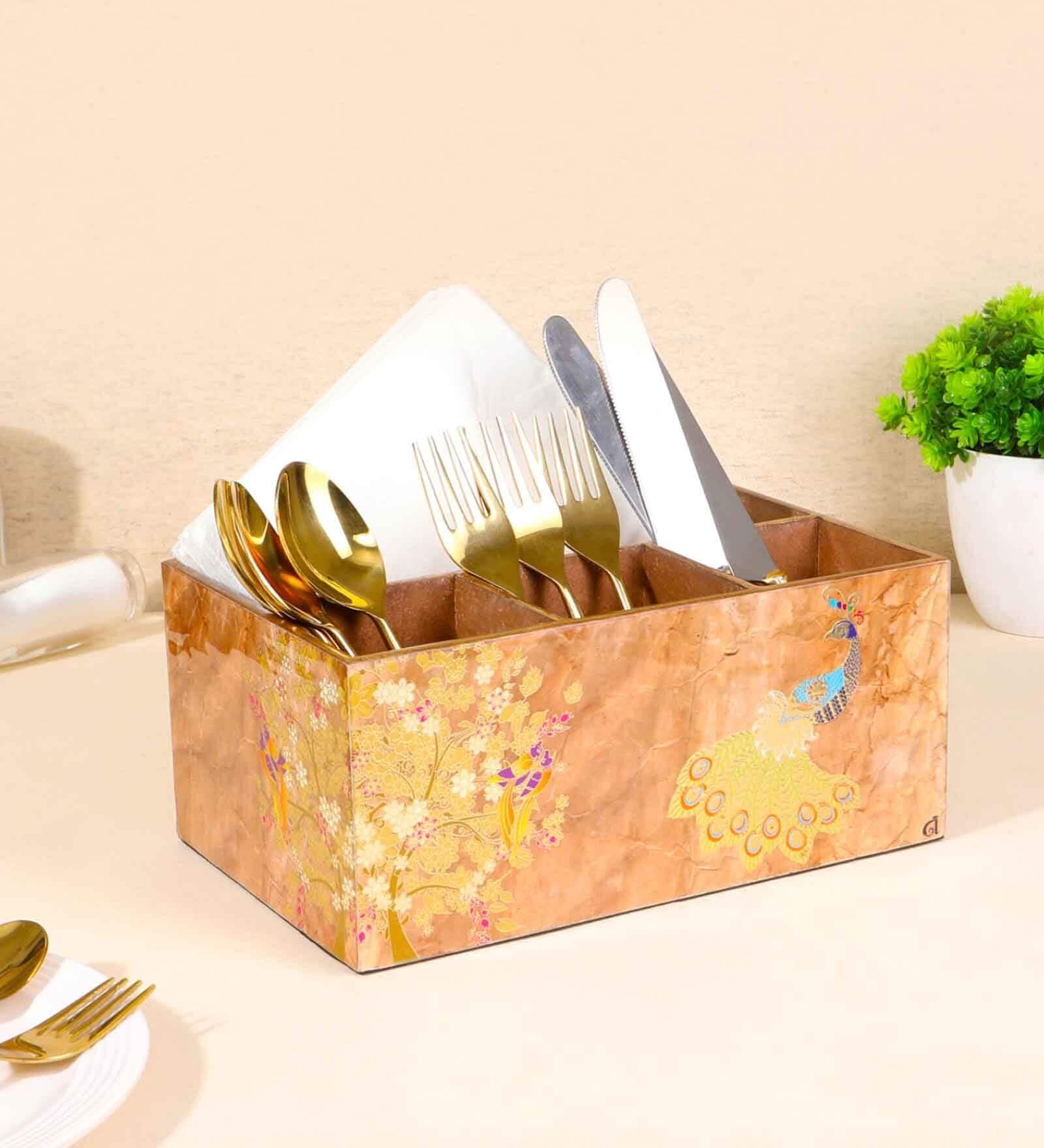 Green & Gold Mdf Wood Rectangle 1 Pcs Cutlery Holder