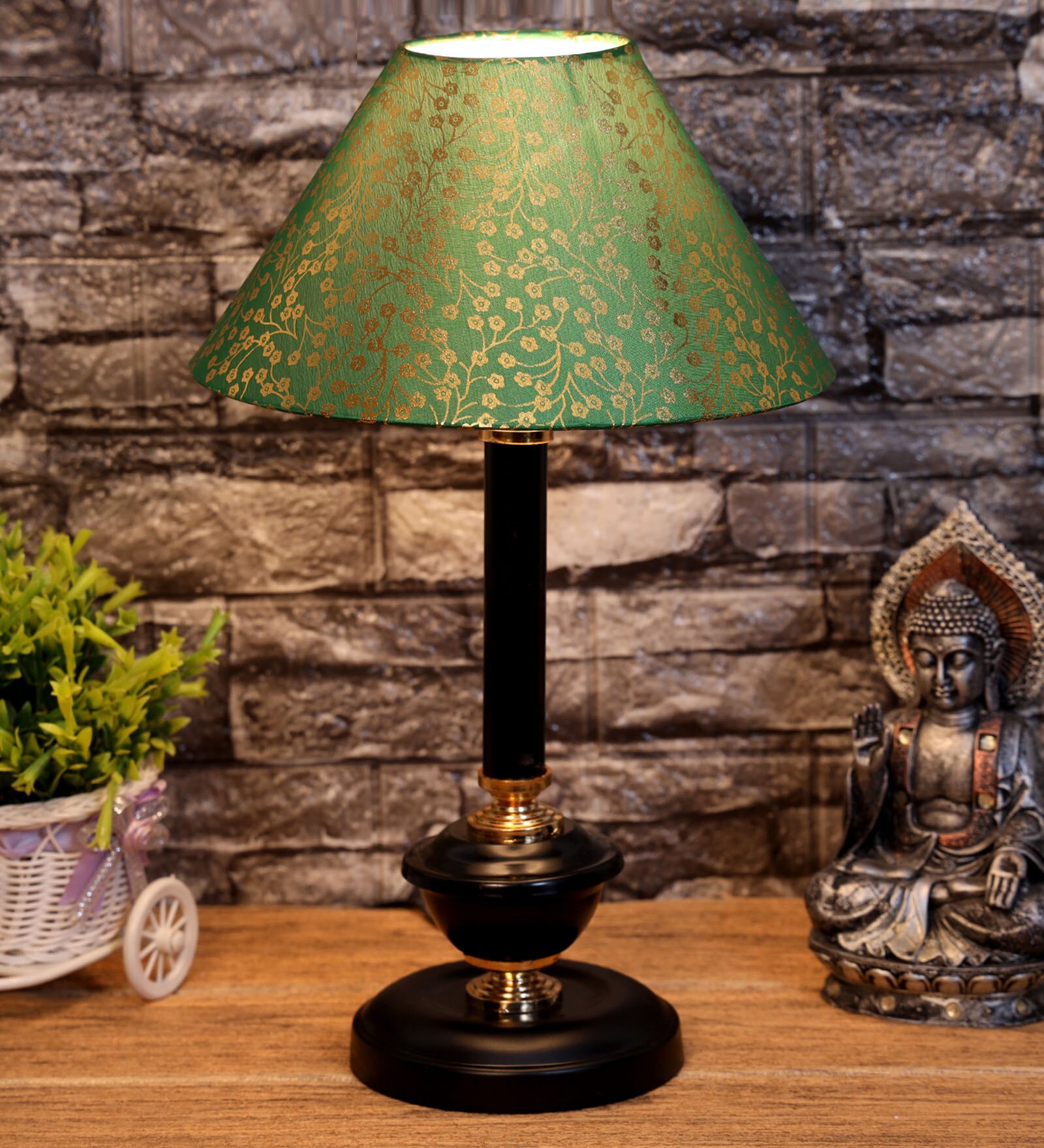 Green & Gold Shade Table Lamp With Metal Base