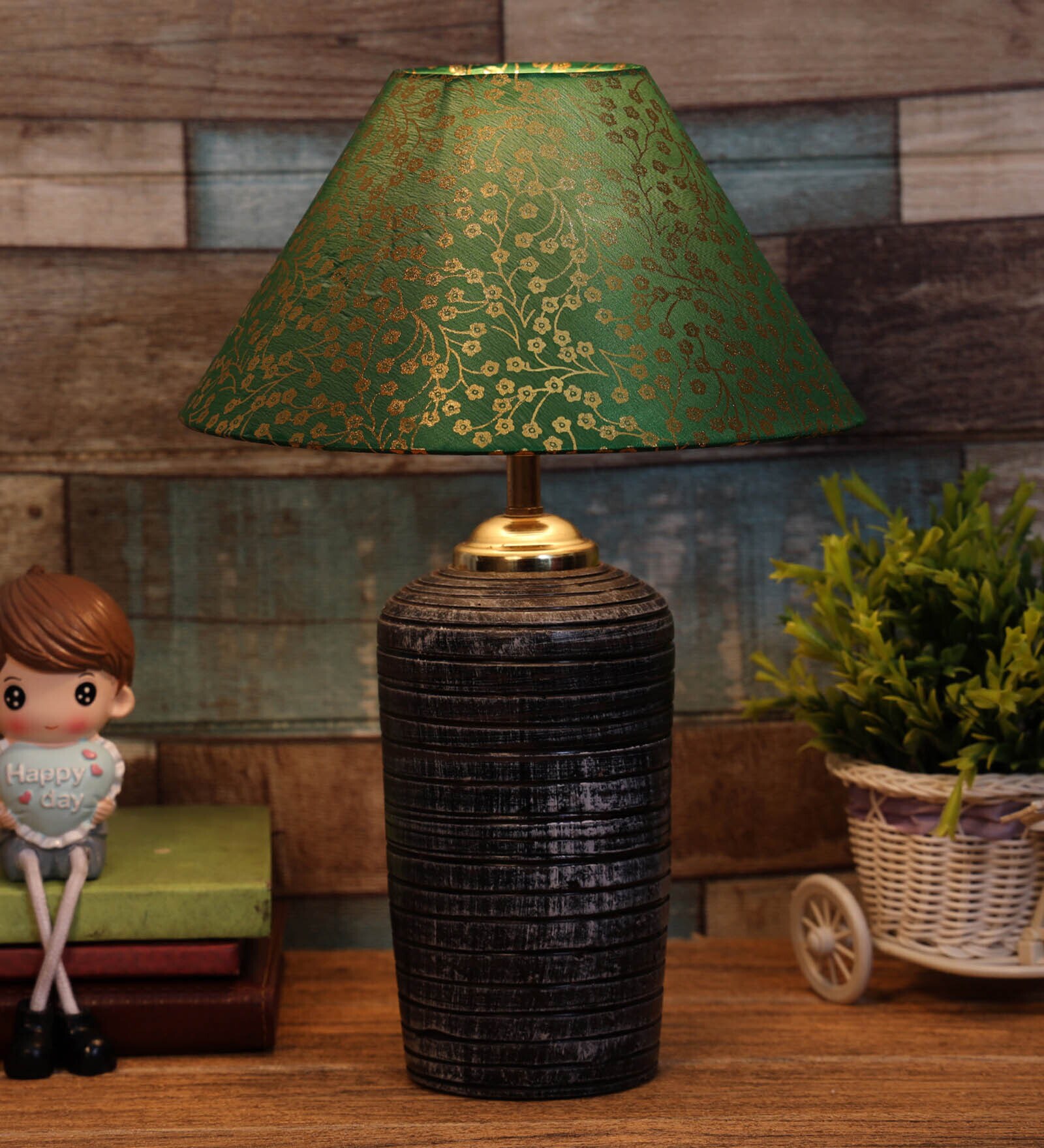 Green & Gold Shade Table Lamp With Terracotta Base