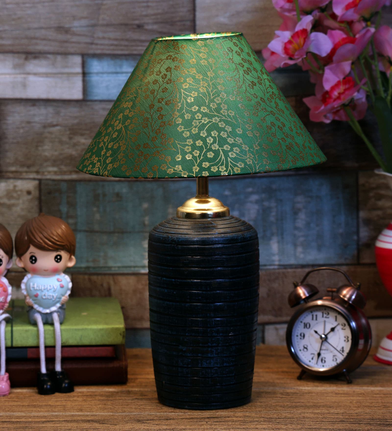 Green & Gold Shade Table Lamp With Terracotta Base