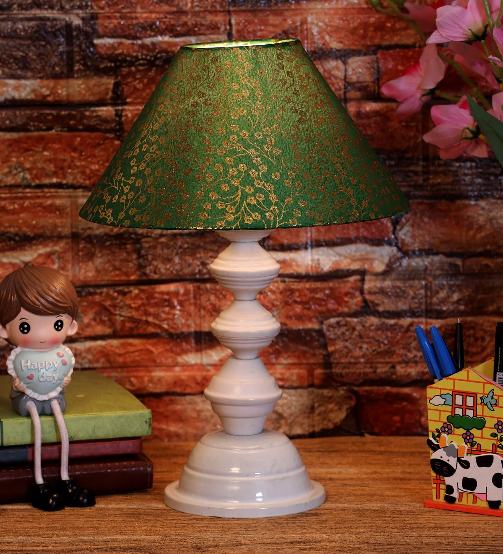 Green & Gold Shade Table Lamp With Metal Base