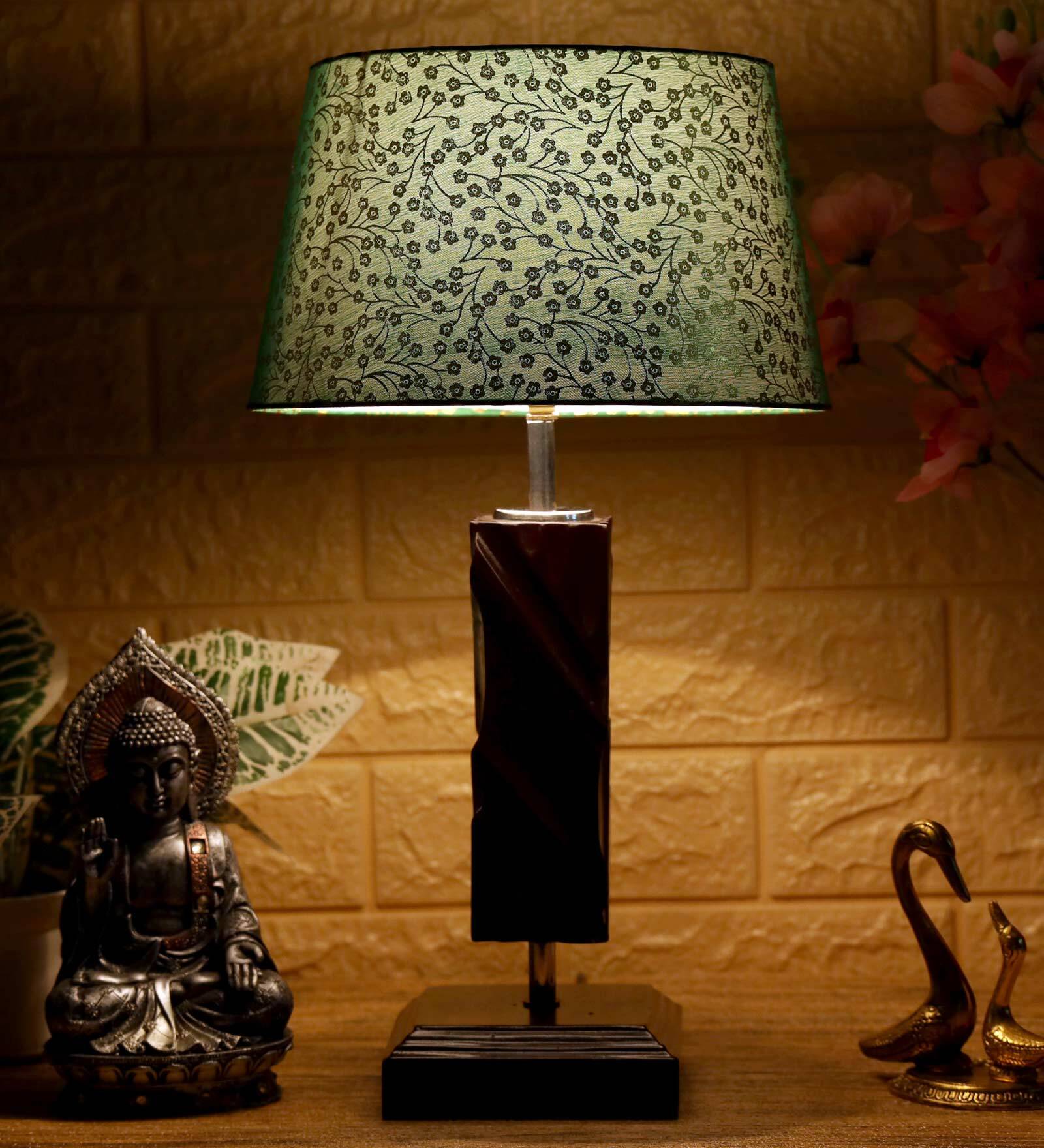 Triune Green & Gold Fabric Shade Night Lamp With Wood Base