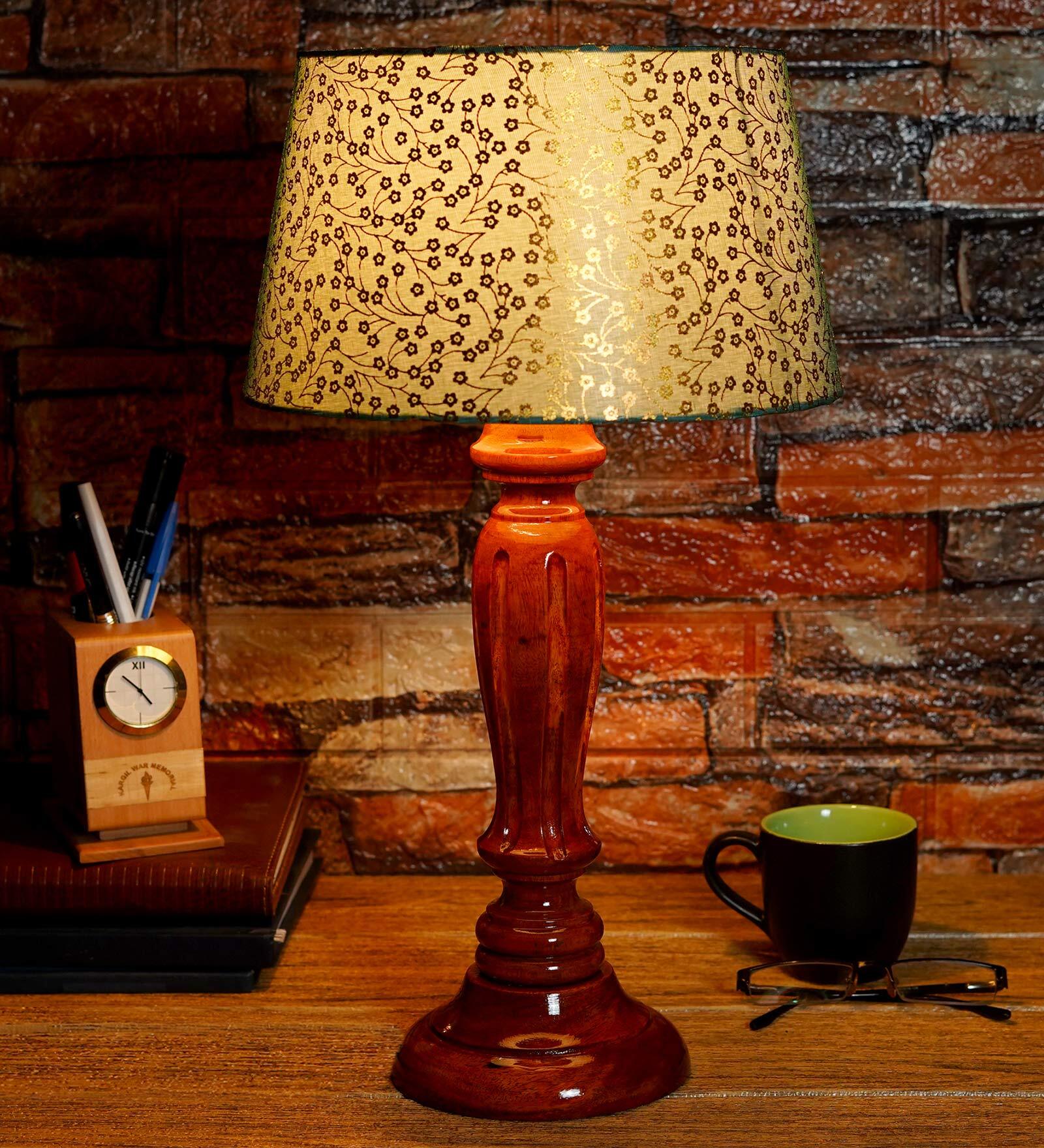 Margie Green & Gold Fabric Shade Night Lamp With Wood Base