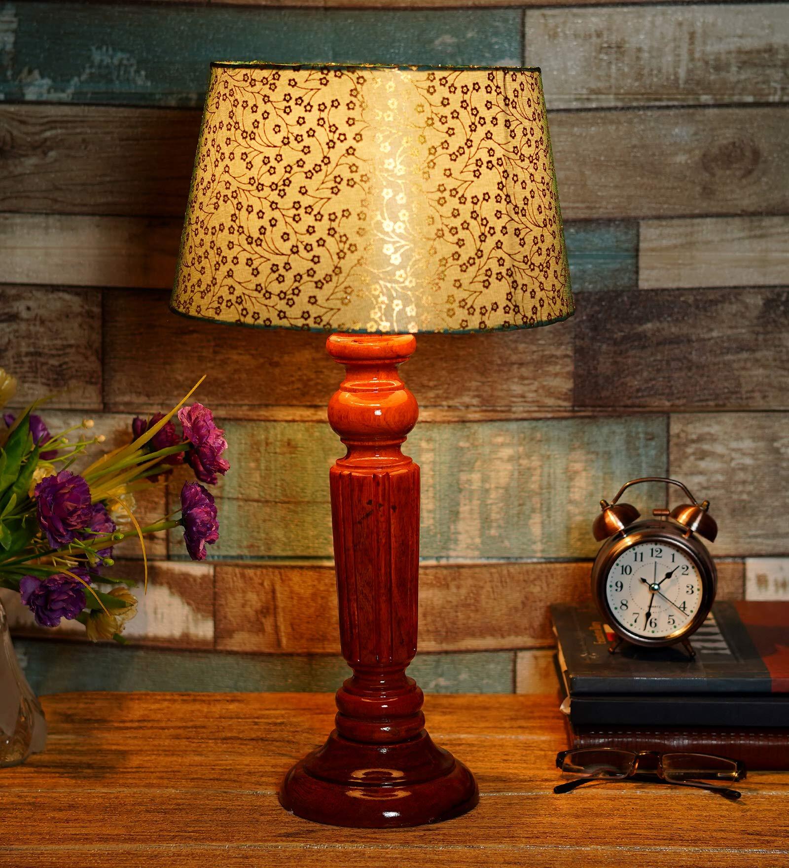Inspired Green & Gold Fabric Shade Night Lamp With Wood Base
