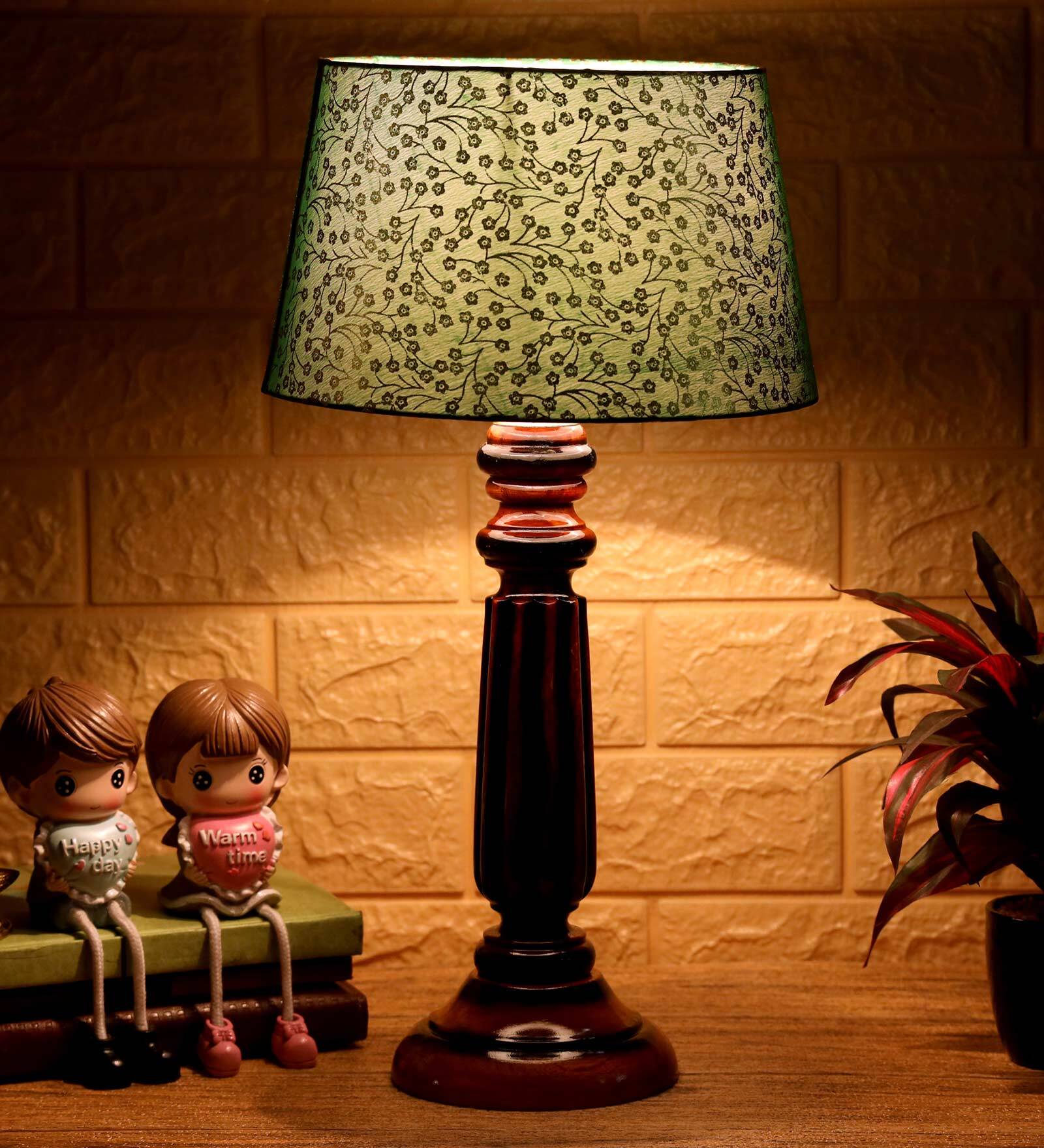 Hersey Green & Gold Fabric Shade Night Lamp With Wood Base