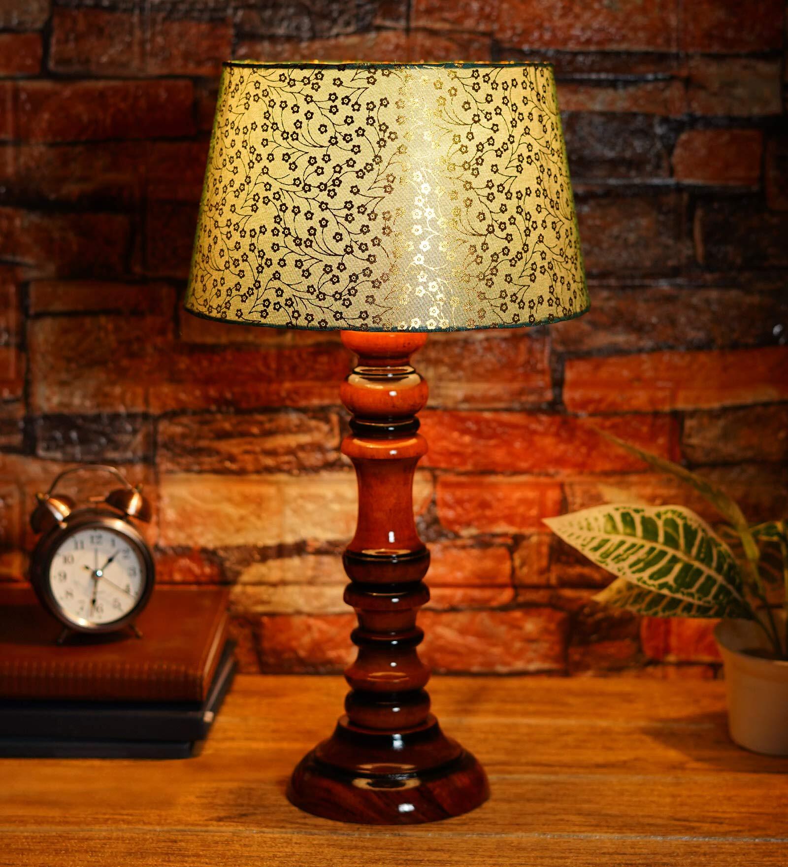 Fellida Green & Gold Fabric Shade Night Lamp With Wood Base