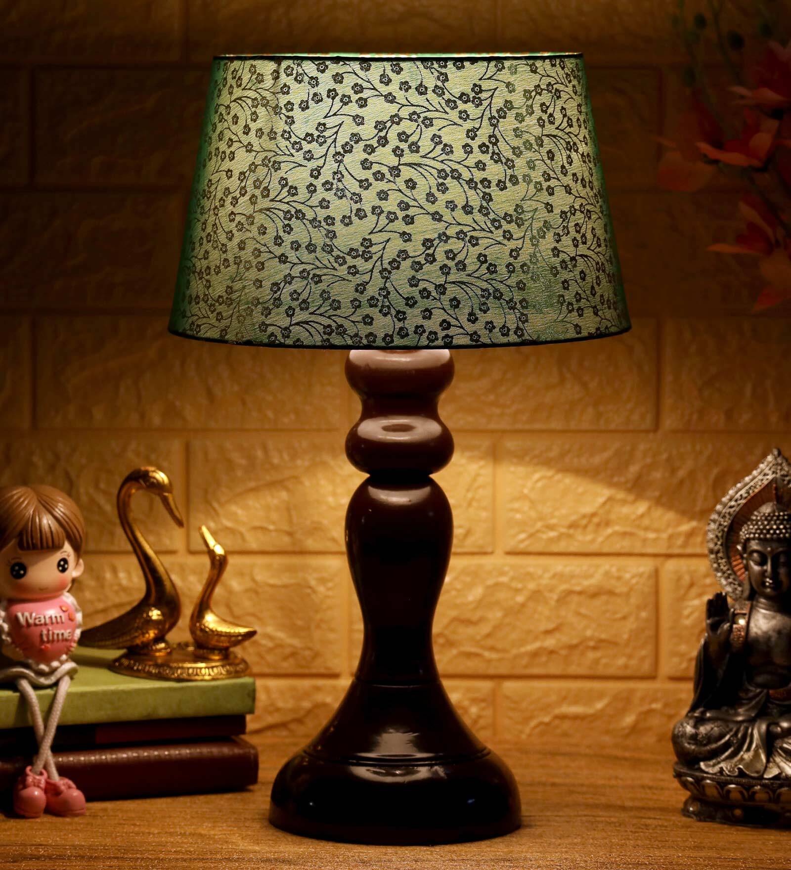 Louise Green & Gold Fabric Shade Night Lamp With Wood Base