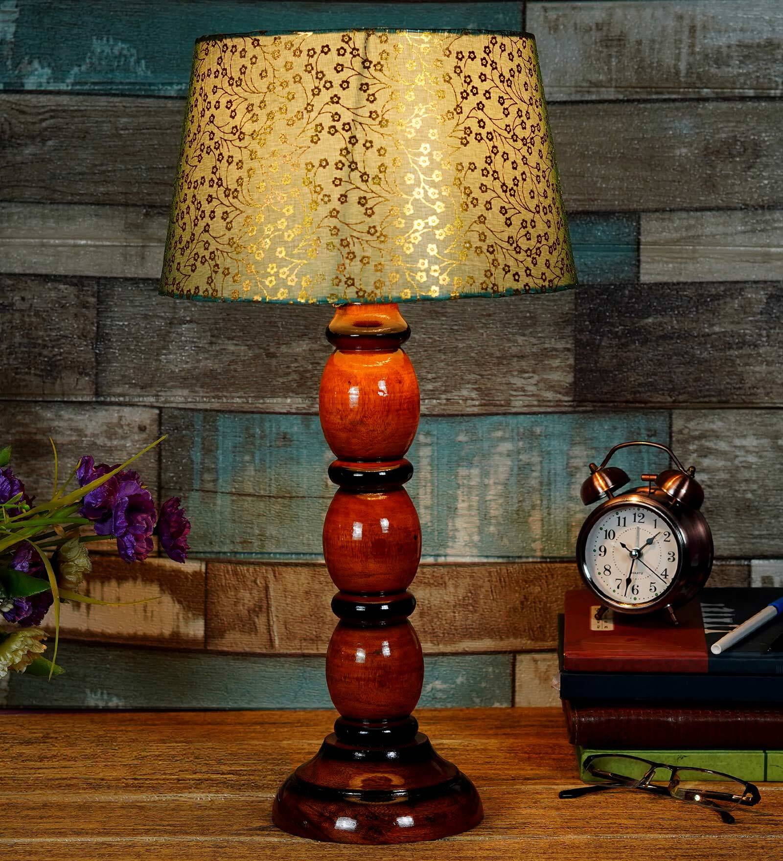 Bow Green & Gold Fabric Shade Night Lamp With Wood Base