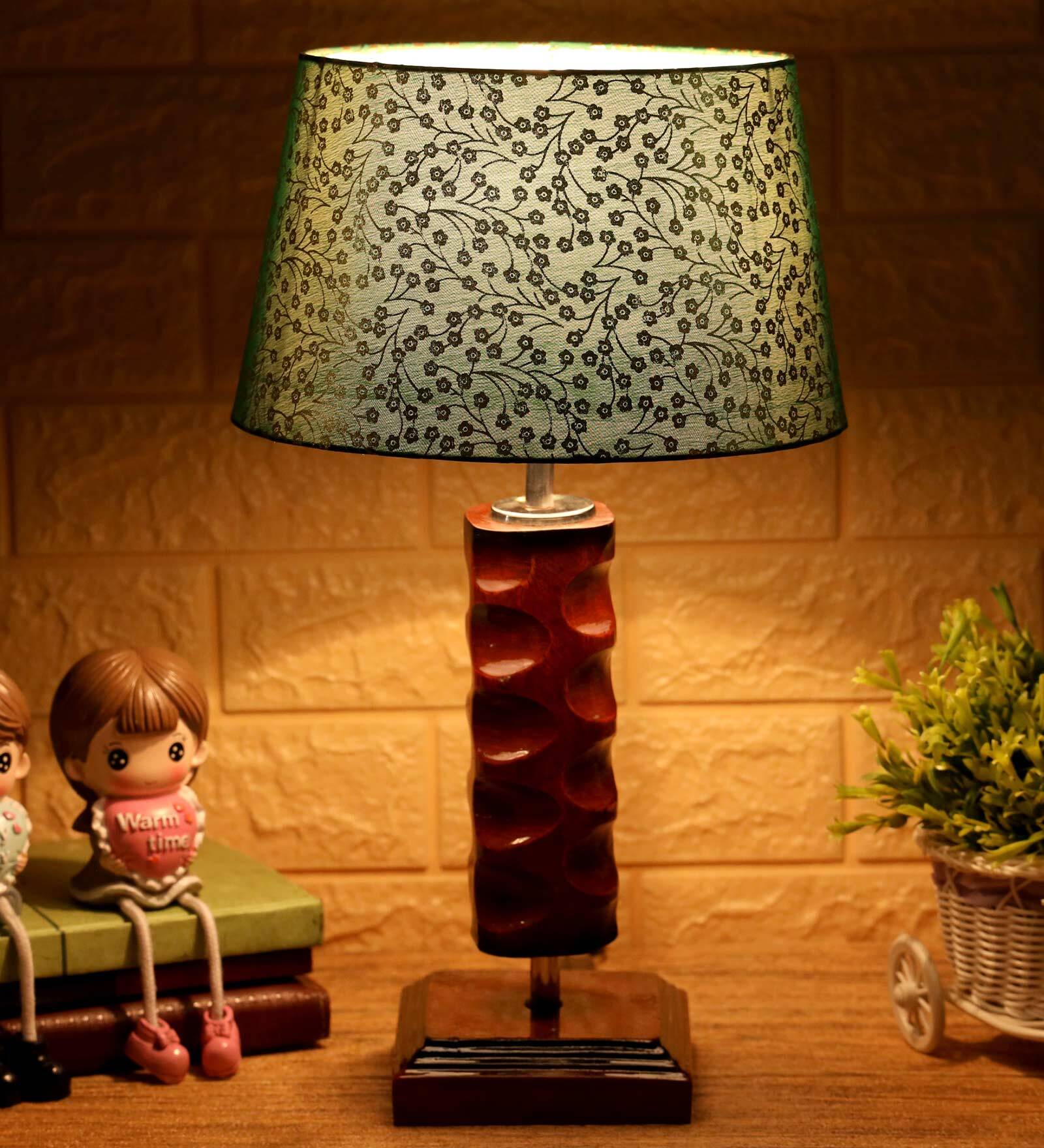Confined Green & Gold Fabric Shade Night Lamp With Wood Base