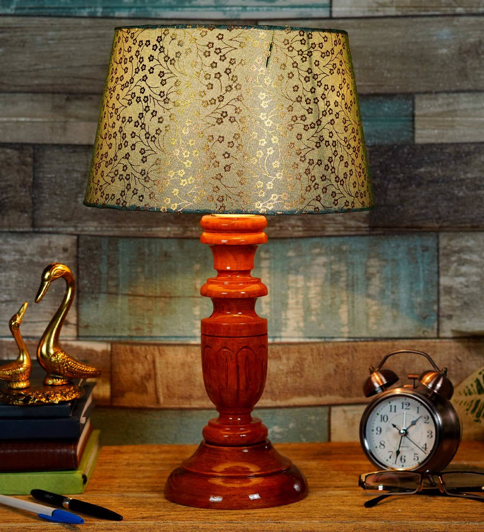 Potenza Green & Gold Fabric Shade Night Lamp With Wood Base