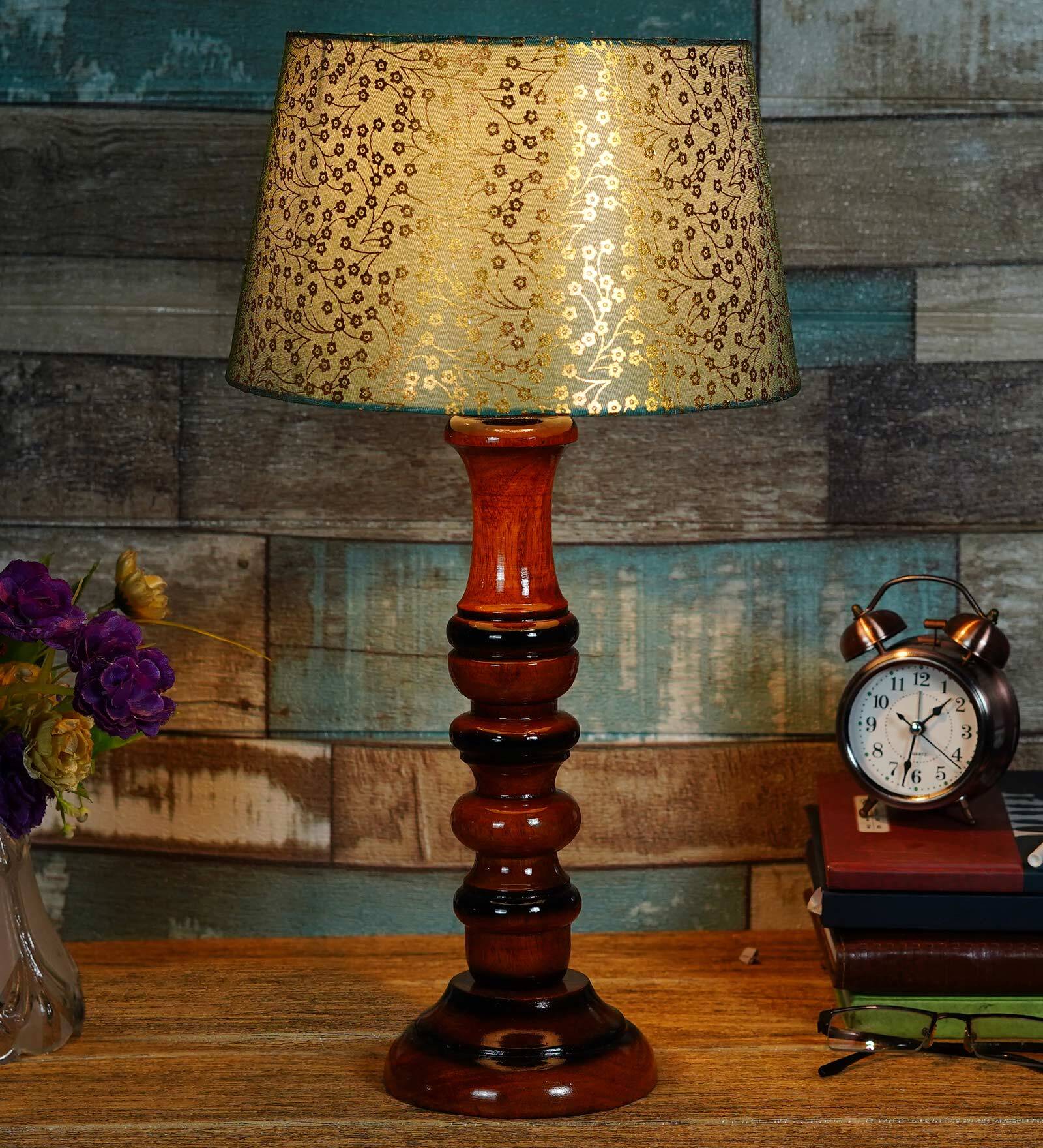 Colonial Green & Gold Fabric Shade Night Lamp With Wood Base