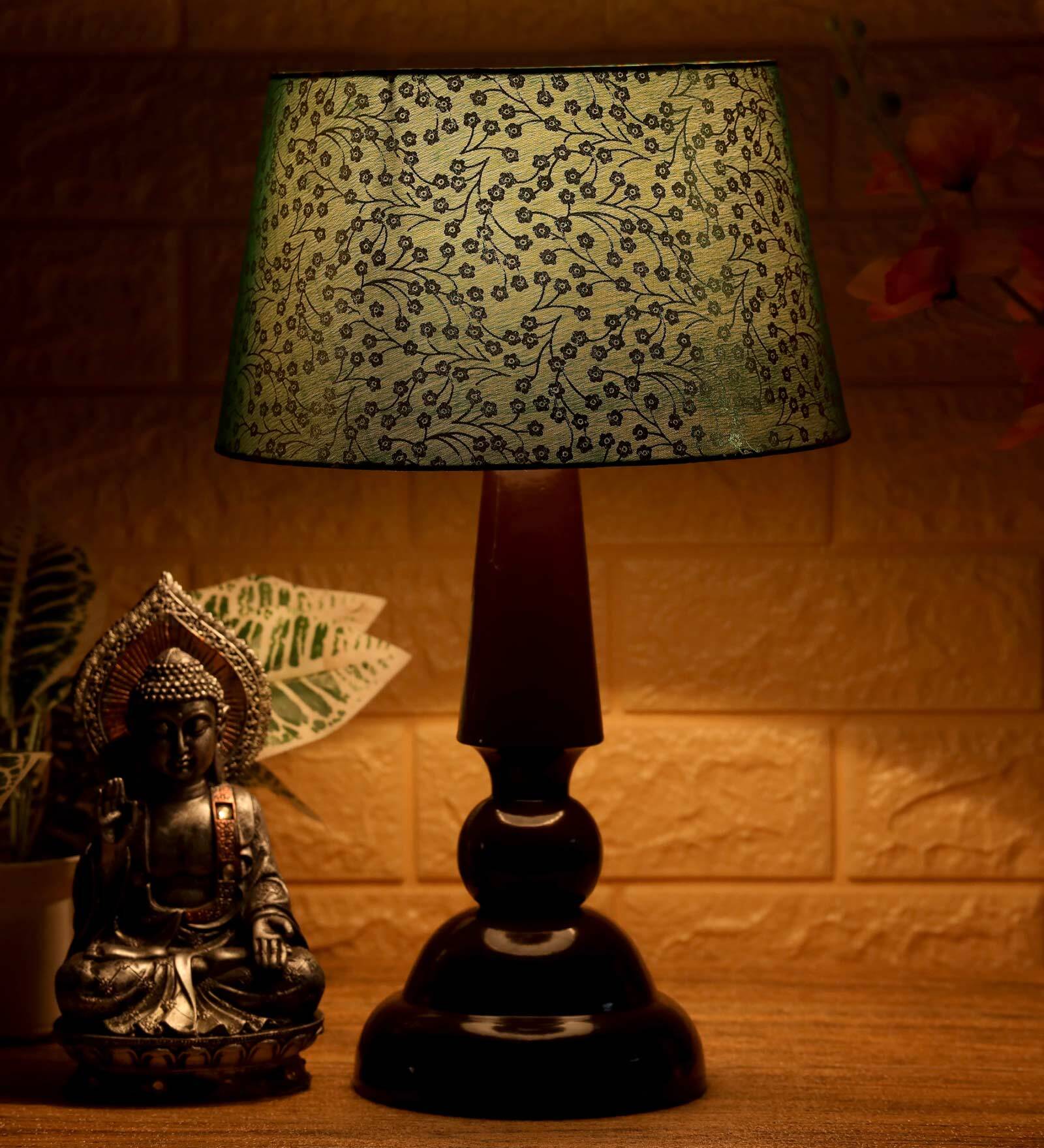 Sloping Green & Gold Fabric Shade Night Lamp With Wood Base