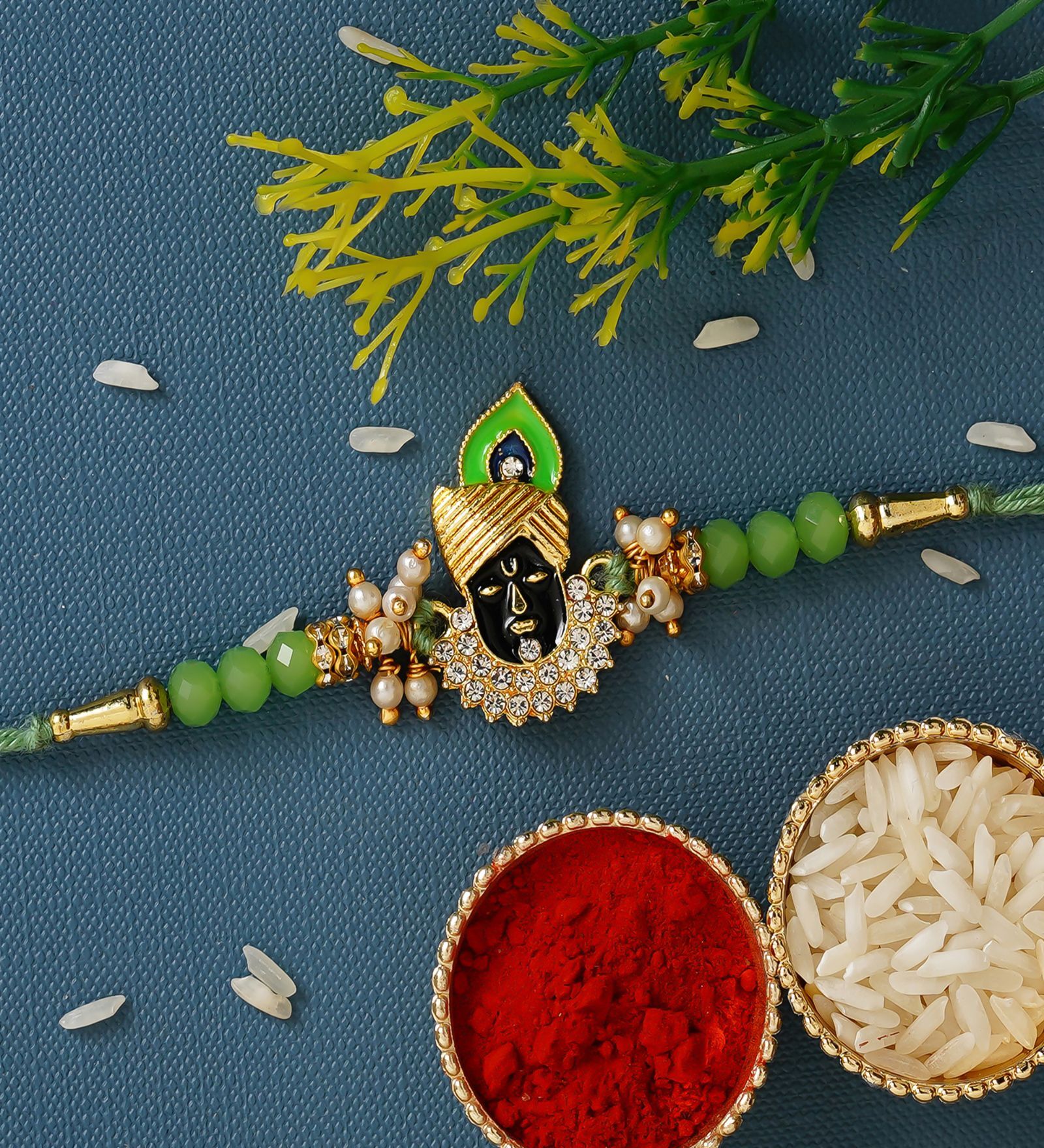 Green & Golden Lord Shrinathji Religious Rakhi with Roli Chawal Pack
