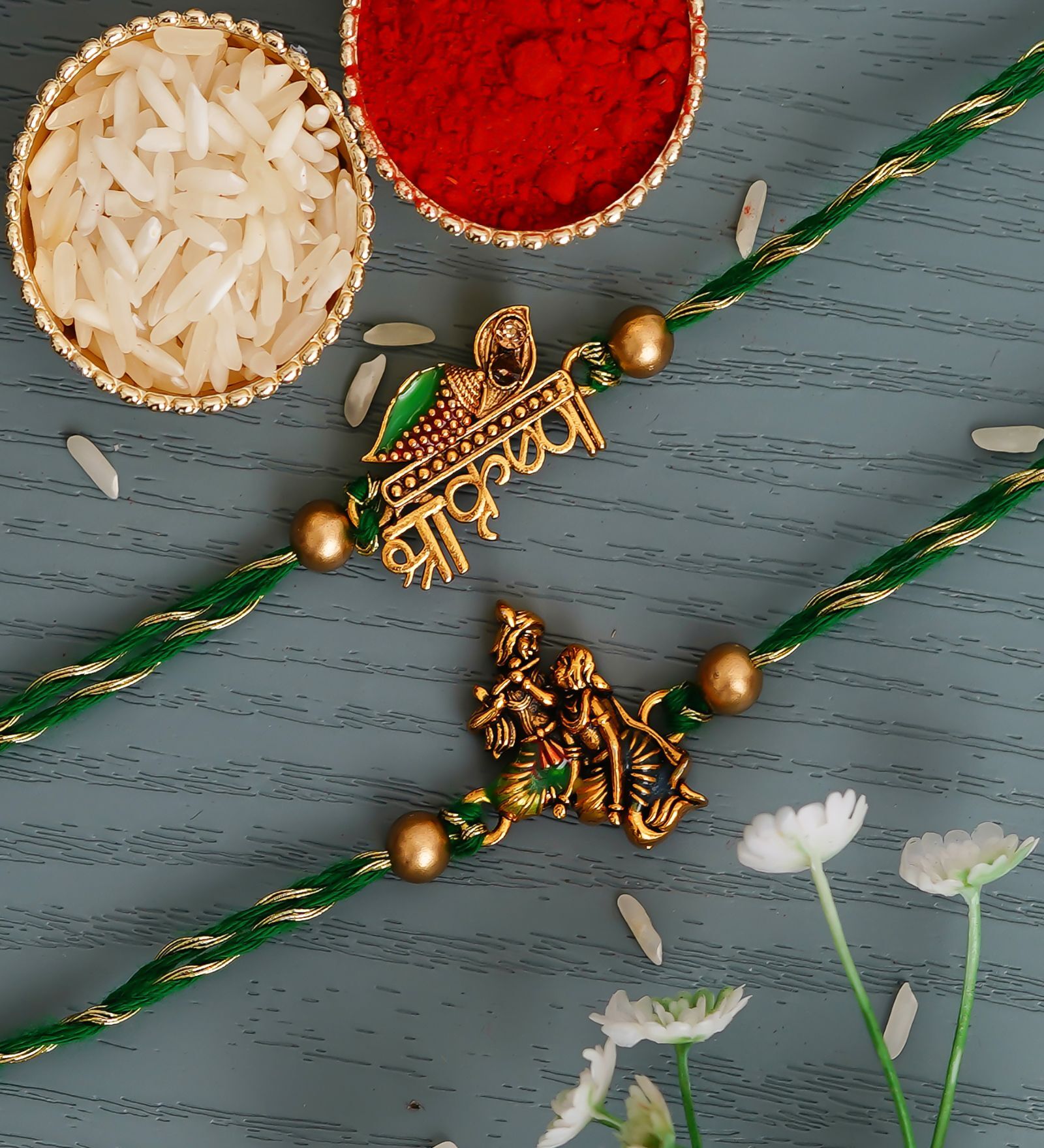 Buy Green & Golden Set of 2 Designer Religious Rakhis with Roli Chawal ...