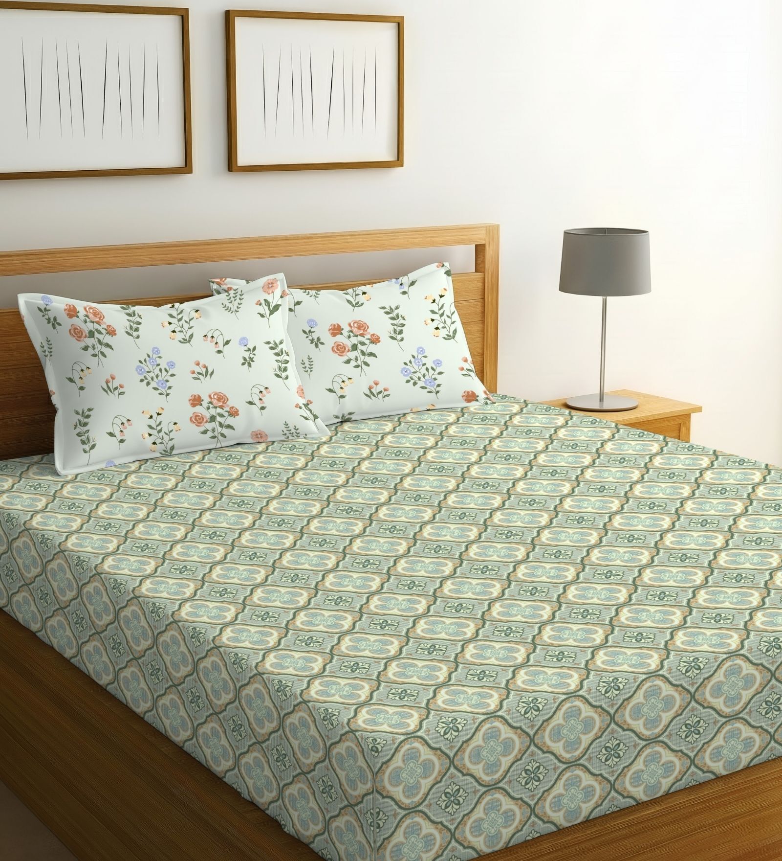Green & Light Green Glace Cotton Floral Print Elastic Fitted King Bedsheet With 2 Pillow Covers