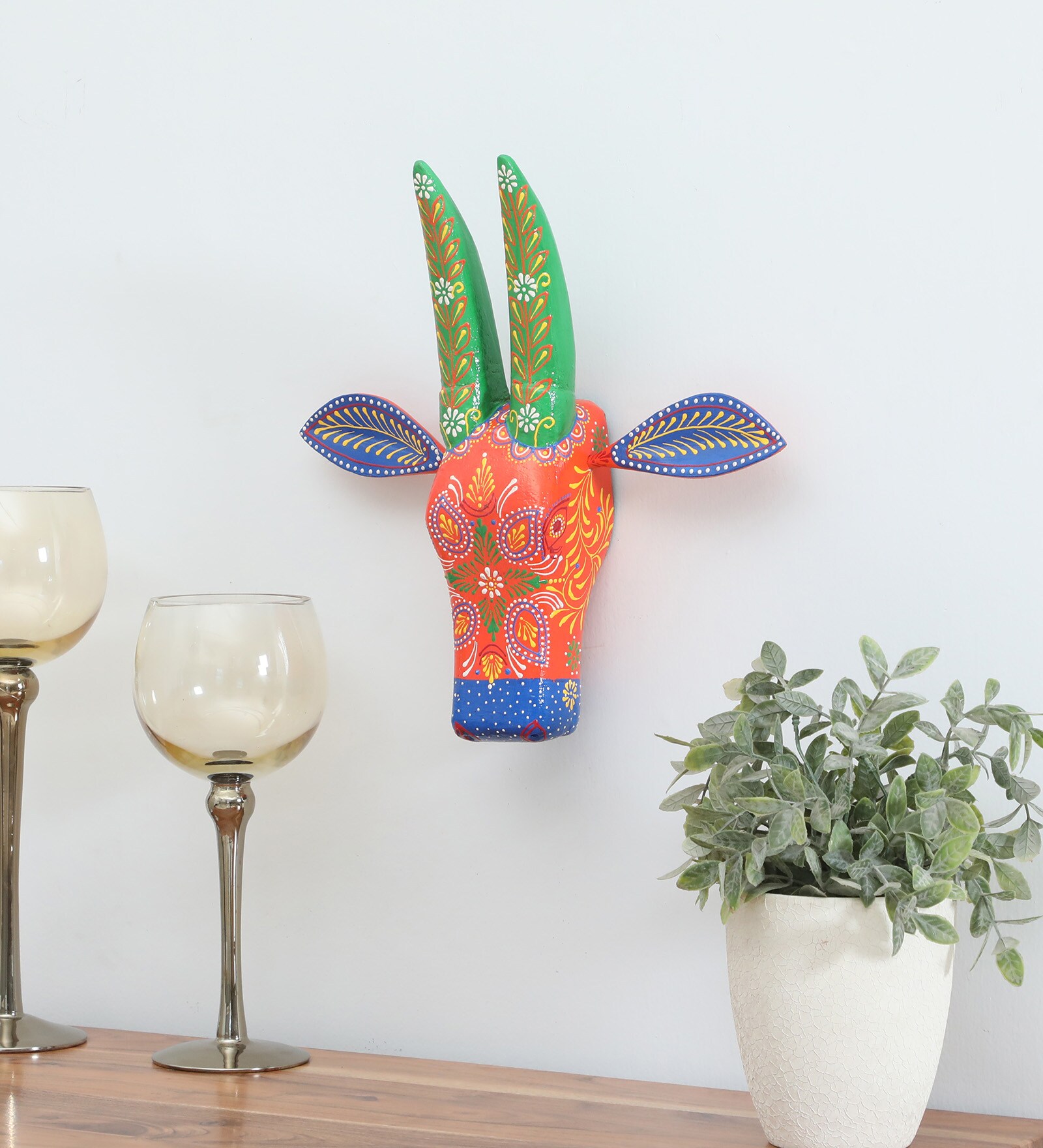 Green & Orange Handcrafted Cow Sclupture Mango Wood Wall Mask