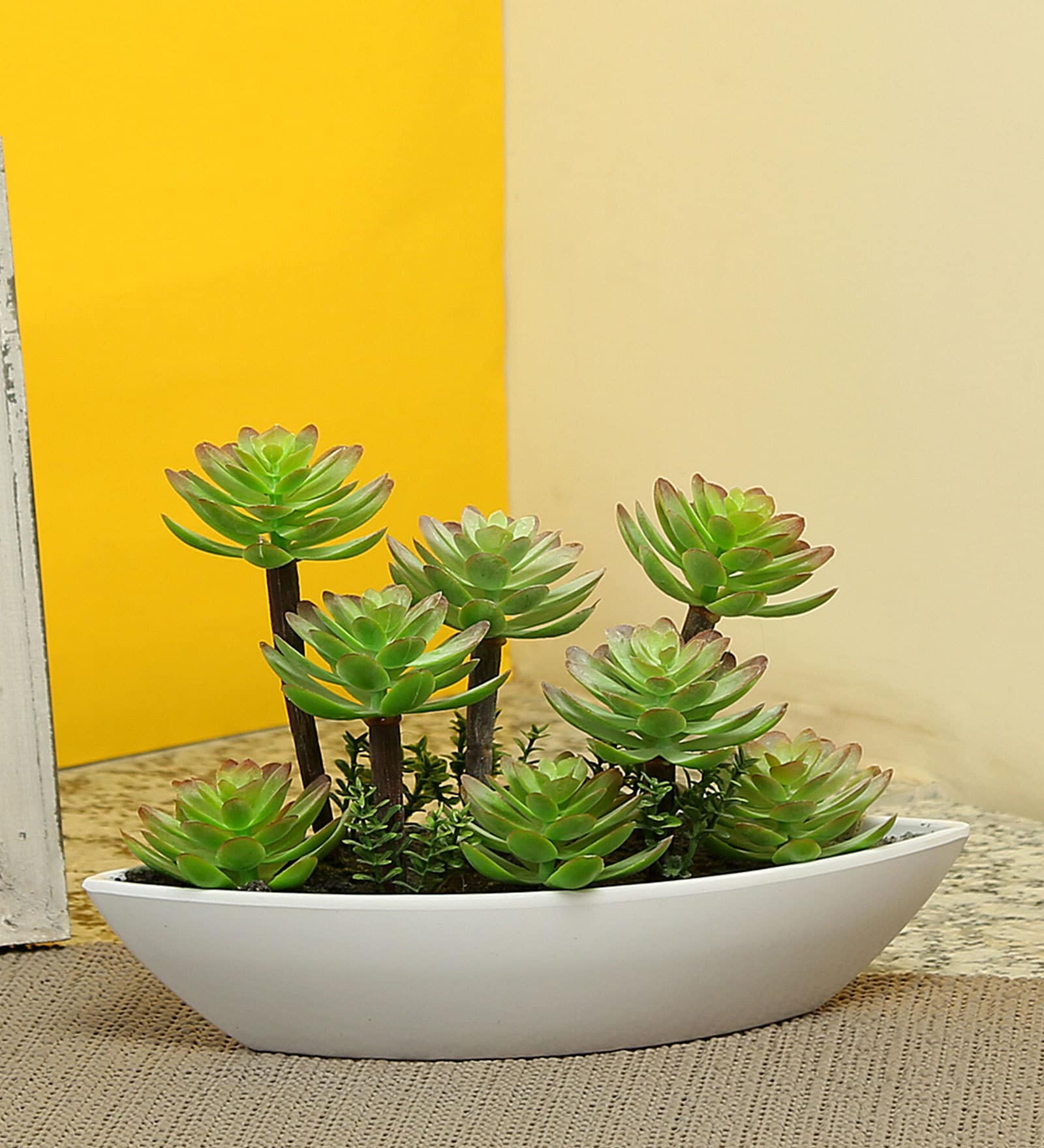 Green & White Abs Plastic Artificial Plant with Pot