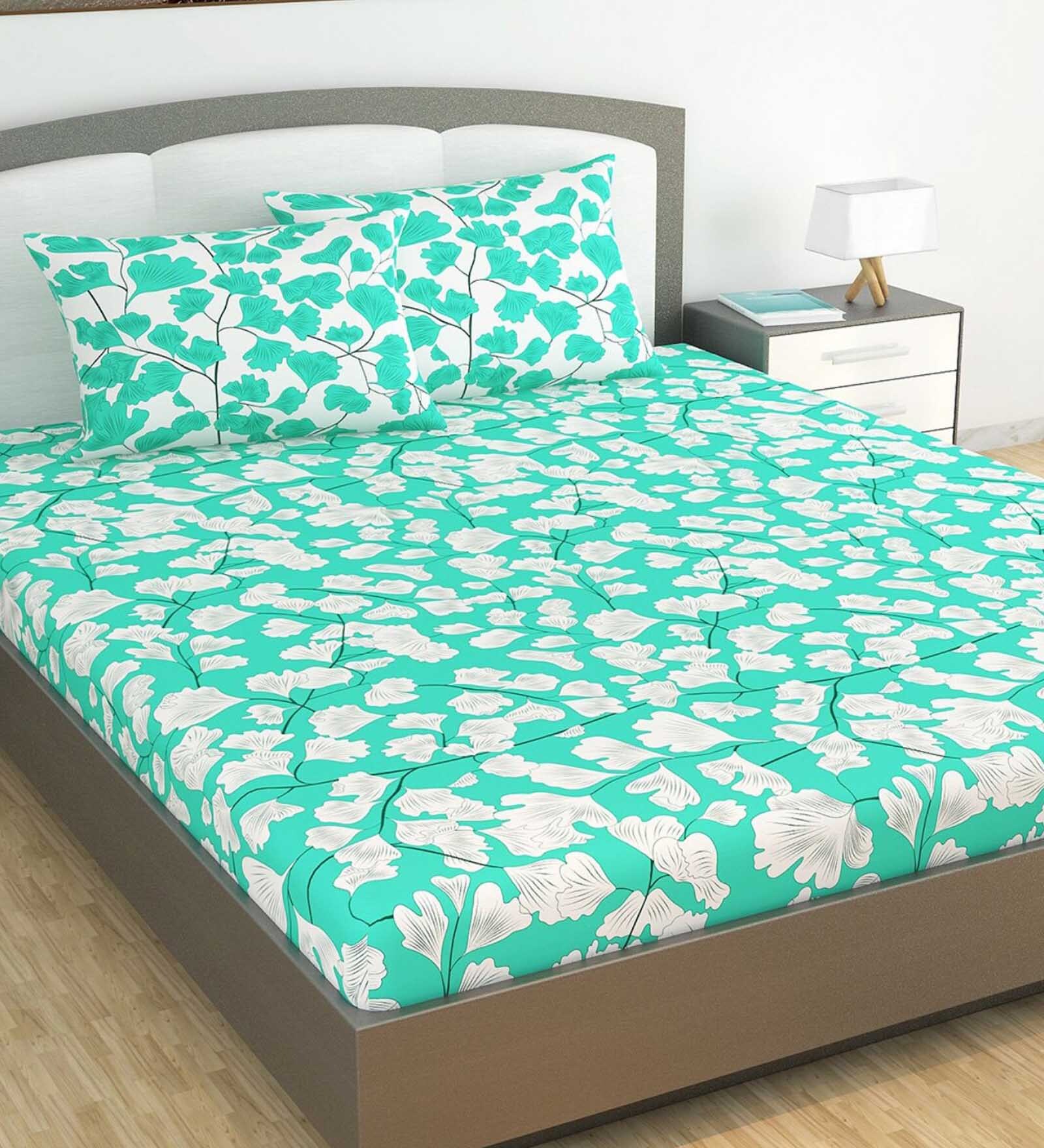 Green & White Floral 144 TC 100% Cotton Double Bedsheet With 2 Pillow Covers Fusion Collection Green & White Floral 144 TC 100% Cotton Double Bedsheet With 2 Pillow Covers Fusion Collection