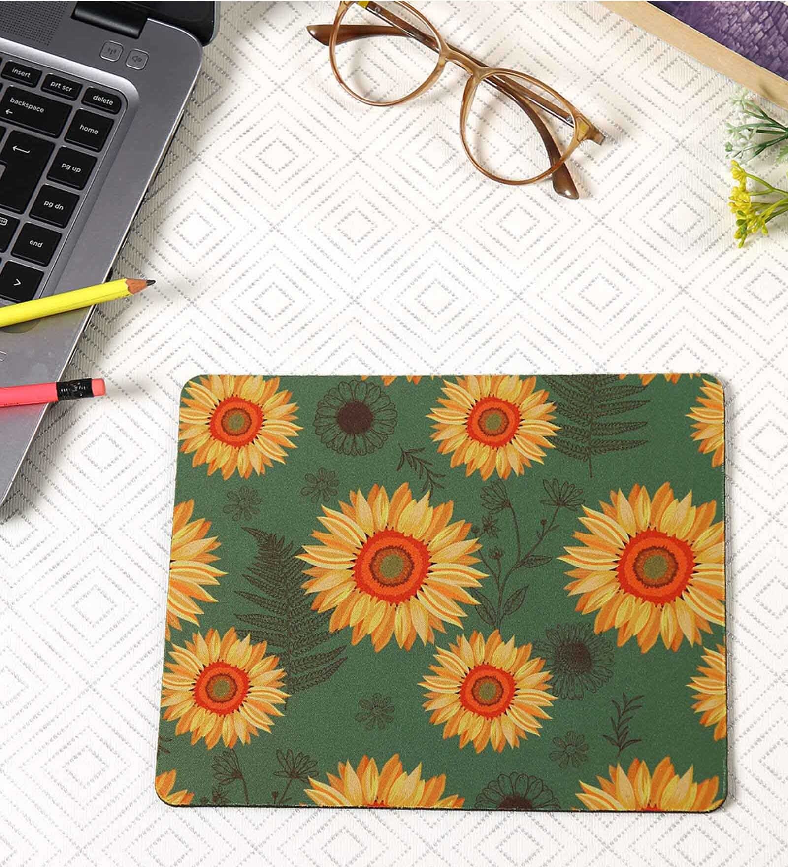 Green & Yellow Sunflower Printed Rectangle Mousepad