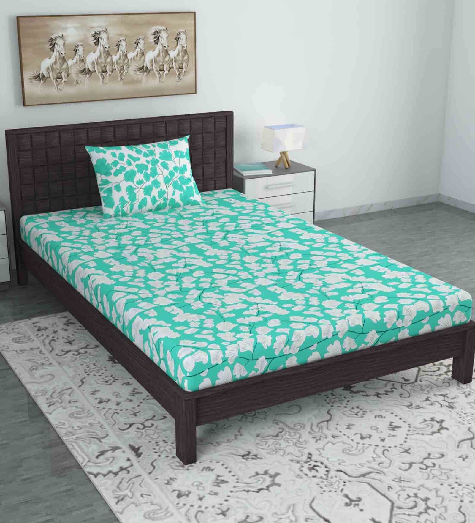 Green Floral 144 TC Cotton Single Bed Sized Bed Sheets With 1 Pillow Cover