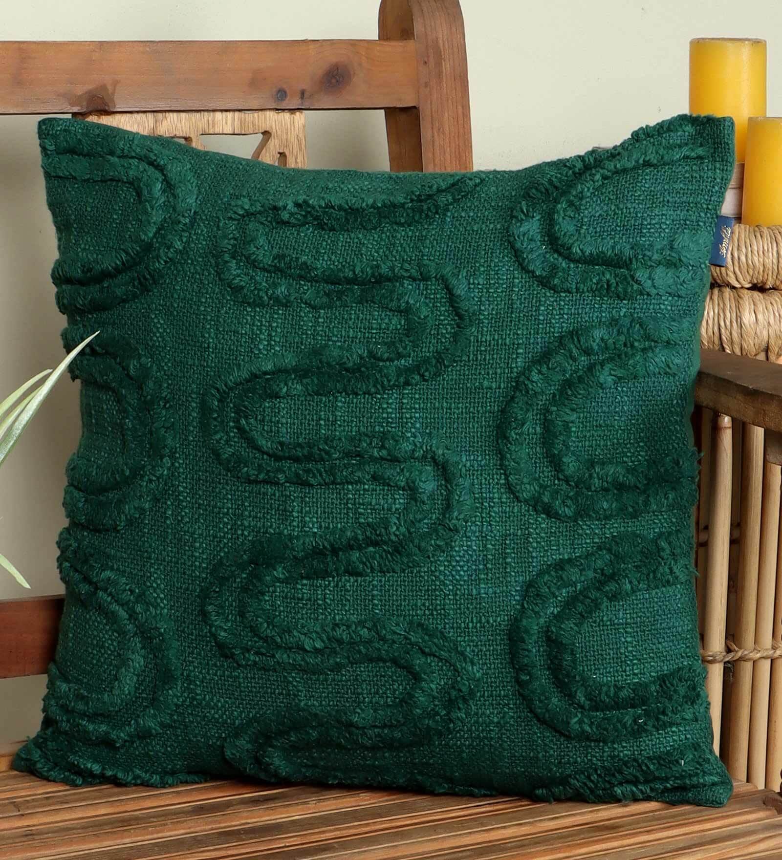 Green Woven Abstract Cotton 16 x 16 Inches Cushion Cover